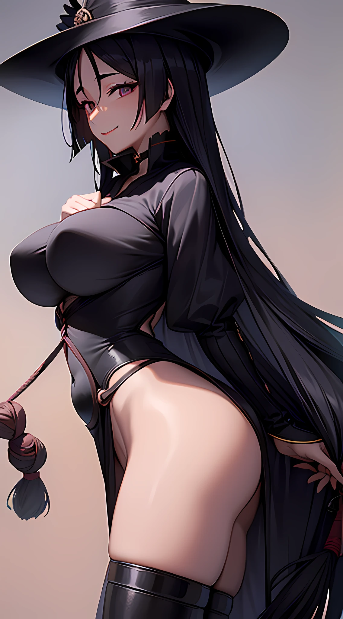 Witch priestess, long untied hair, pinched eyes, big tits, thick thighs, (dark black one-piece stockings: 1.6), smile
