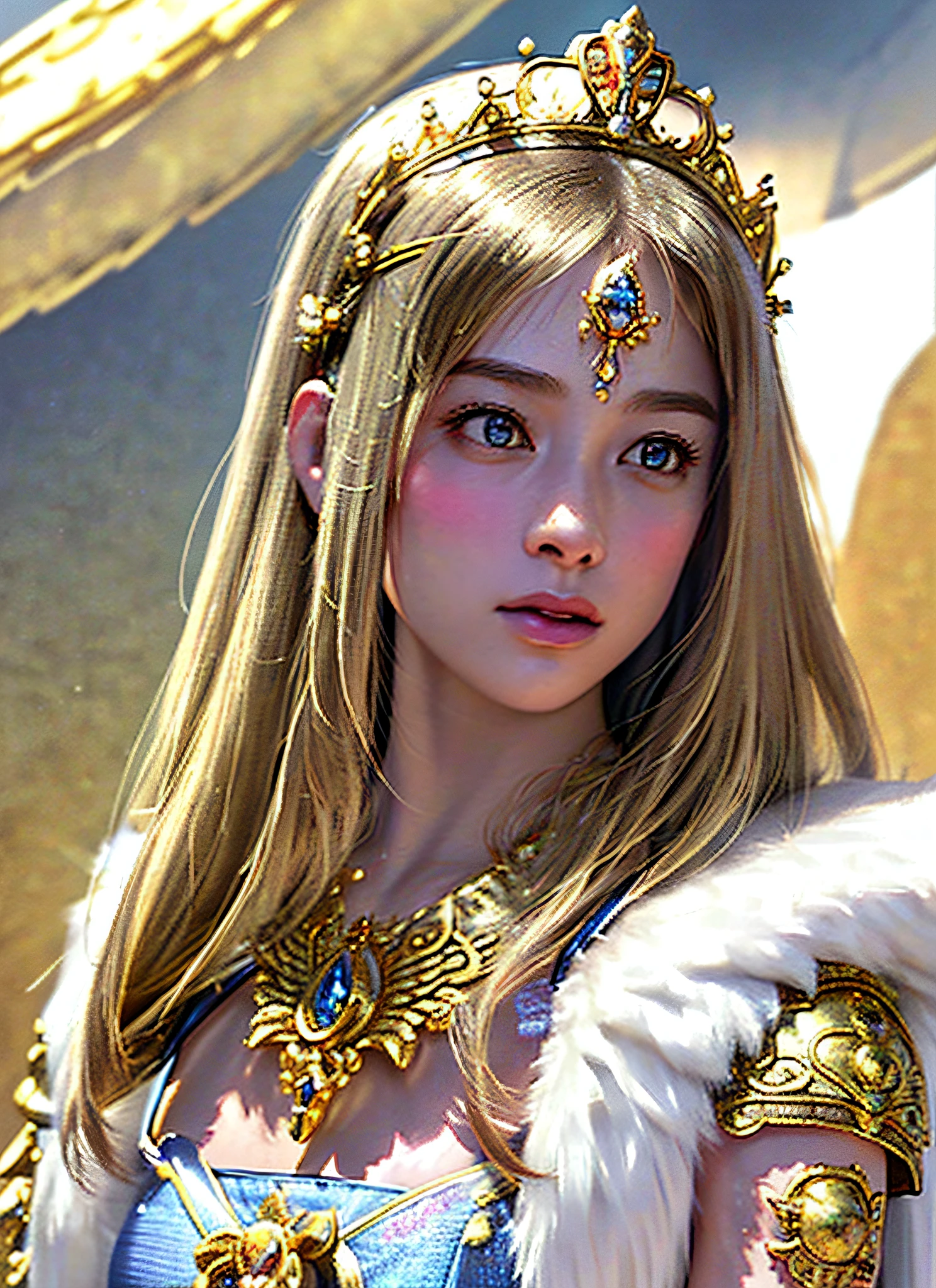 Ultra detailed complex 3d rendering of face, realistic sensual gravure idol, (realistic, portrait), intricate detail, beautiful porcelain profile ultra-detailed complex 3d render, (warrior queen armor, fur lined cape, jeweled crown: 2.2), big, big, (micro bikini) sexy swimsuit, (surreal), (illustration), (high resolution) , (8K), (Very detailed), (Beautiful detailed eyes), (Best Quality), (Ultra detailed), Intricate detail Jewels (Detailed Women's Armor: 2.3), (Gorgeous Gold Armor: 1.3), 1 Girl, Solo, Long Hair, Wind, Gorgeous Face, Best Quality, Masterpiece, Maximum Detail, Diffused Lighting, (Blonde: 1.3), Valhalla Valkyrie, Mechanical Arm, Beauty, Facial Muscles
