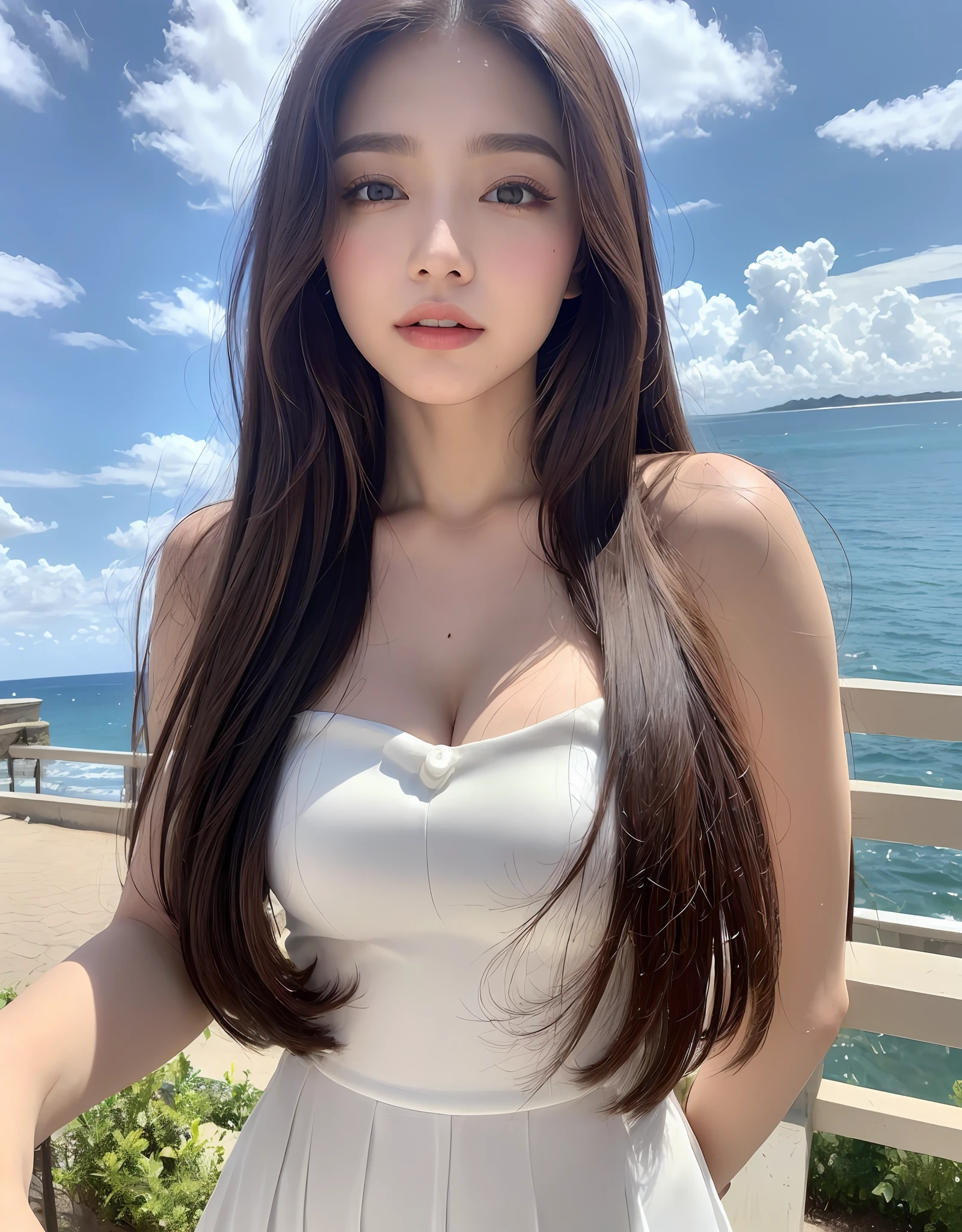 (Daytime, Excellent, 8K, Masterpiece:1.3)), Full body, Long legs, Focal length: 1.2, Perfect Body Beauty: 1.4, Slim Abs: 1.1, ((Dark Brown Hair, Big Breasts: 1.2 )), (White Dress, Standing: 1.2), ((Sea, Blue Sky and White Clouds: 1.3)), Highly detailed face and skin texture, Detailed eyes, Double eyelids, long flying hair