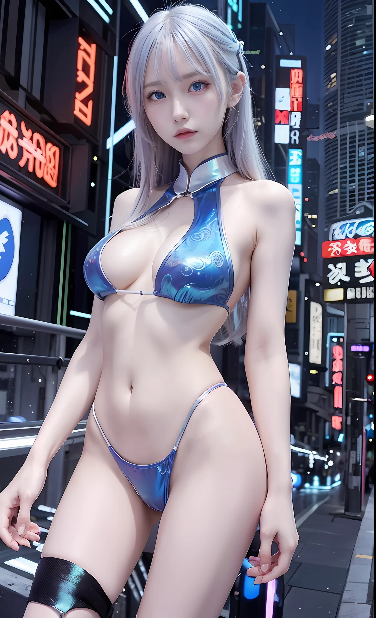 masterpiece, best quality, girls, slender, blue eyes, hair color, iridescent, white skin, medium breasts, cute, sexy, futuristic, cyberpunk, bikini, skin exposed, night, psychedelic, super colored, paisley theme, open legs, full body