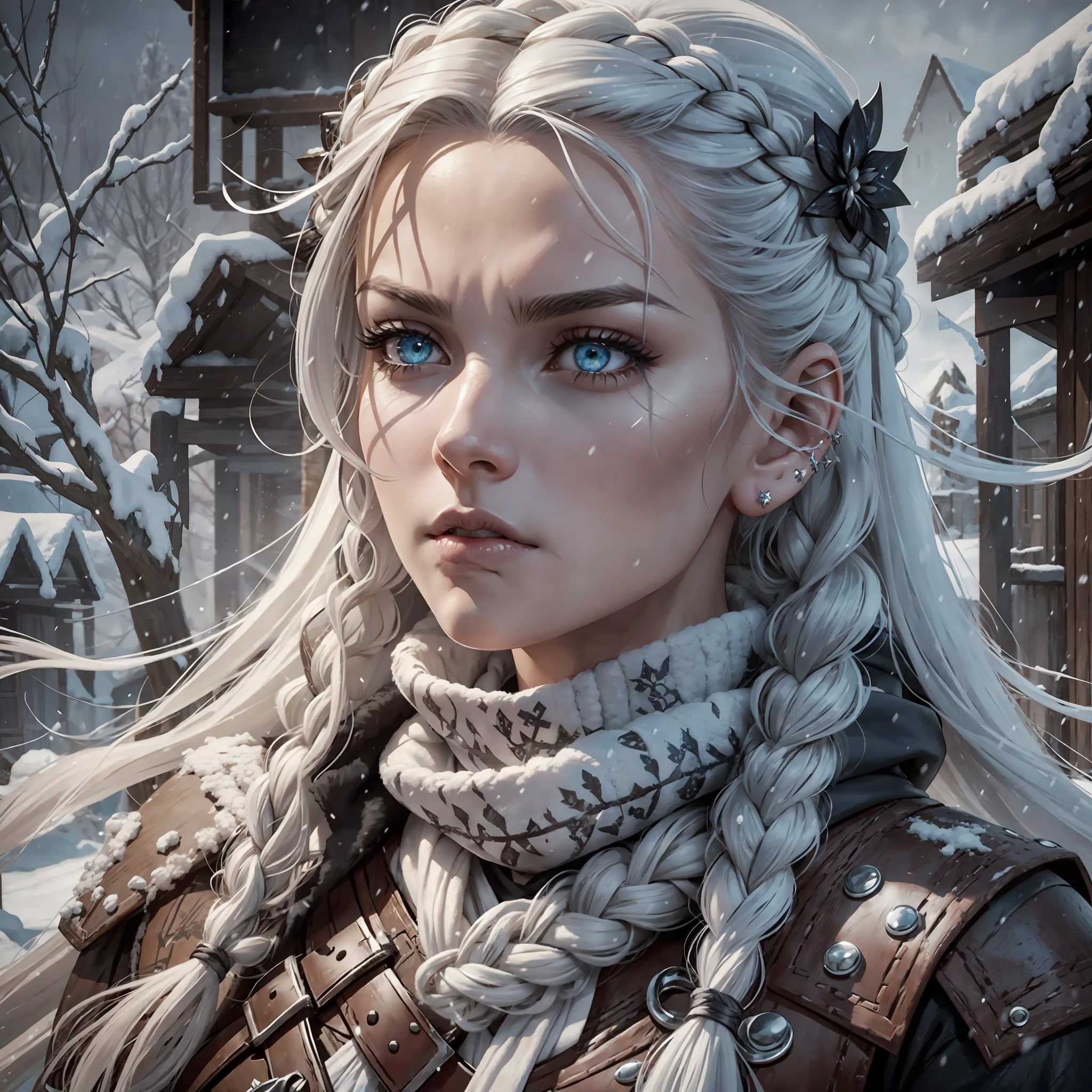 person with a sword and a scarf all detailed with snowflakes, long hair braided to the waist, hair over the shoulder, long hair, braided hair (viking style), closeup of character art, closed mouth, mother of witches, serious face, serious expression, very white skin, bright white hair, huge hair, loose hair, viking style hair, portrait of a hunter, portrait of female rogue, stunning character art, explorer, epic art of exquisite character, ciri, painted character portrait, cyberpunk shading, white lips, , very light skin almost white, cold clothes, in the background a Nordic ice village, snowstorm in the background, village in the background, frozen fauna and flora, white iris, penetrating eyes, extremely detailed eyes, 2 ear piercing, lip war face paint (black), human ears, half-closed eye, turn pale, heavy breathing, endured face, determined, hair ornament, messy hair, overexposure, cinematic lighting, sparkle, ray tracing, reflection light, backlighting, film grain, UHD, super detail, best quality, textured skin, masterpiece, light battle marks, dusty laundry, dirty snow laundry, worn clothes, dirty laundry with few drops of blood, film granulation, angry look to the right, detailed skin, detailed face, extremely detailed face --auto --s2