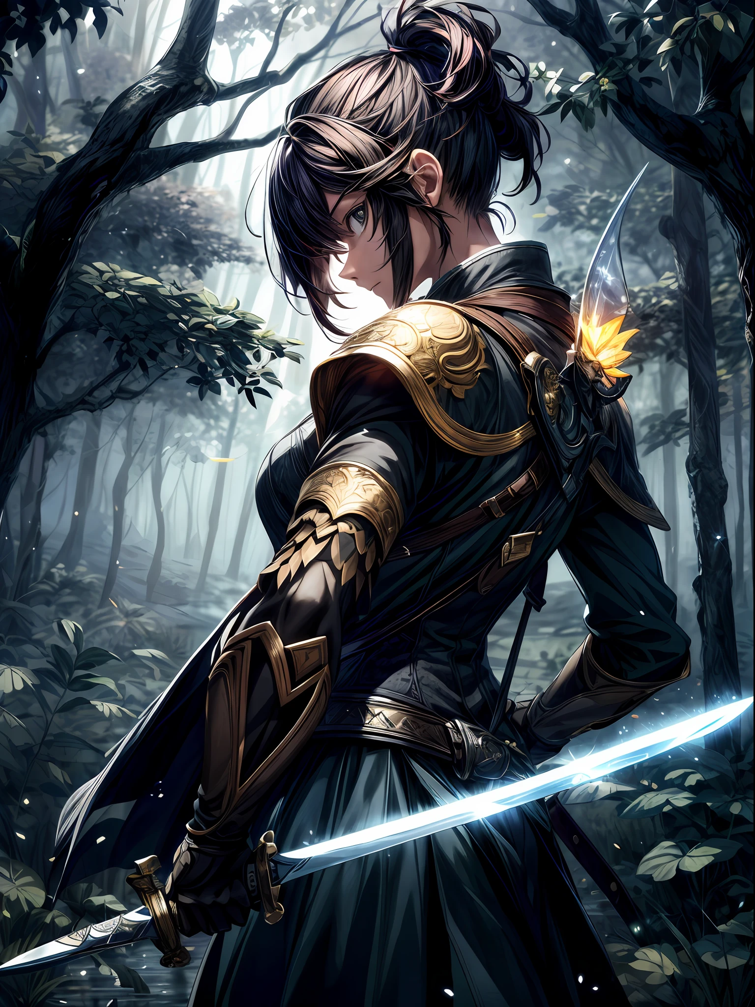 (best lighting) , (super-complex details) , 4K unified, (super-detailed CG: 1.2) , (8K: 1.2),(original), (masterpiece) , (best quality),(Masterpiece:1.4),Anime-ish high quality,(masterpiece),masterpiece, solo, best quality, absurdres,((Masterpeace, 4k, 8k, highres)),((masterpiece:1.4, best quality:1.2)),Masterpiece, best quality, ultra-detailed, swordman, profile view, holding a sword, shape, silhouette, night scene, Woods, rain, firefly, particle of light, hdr, stong shadow, add more detail