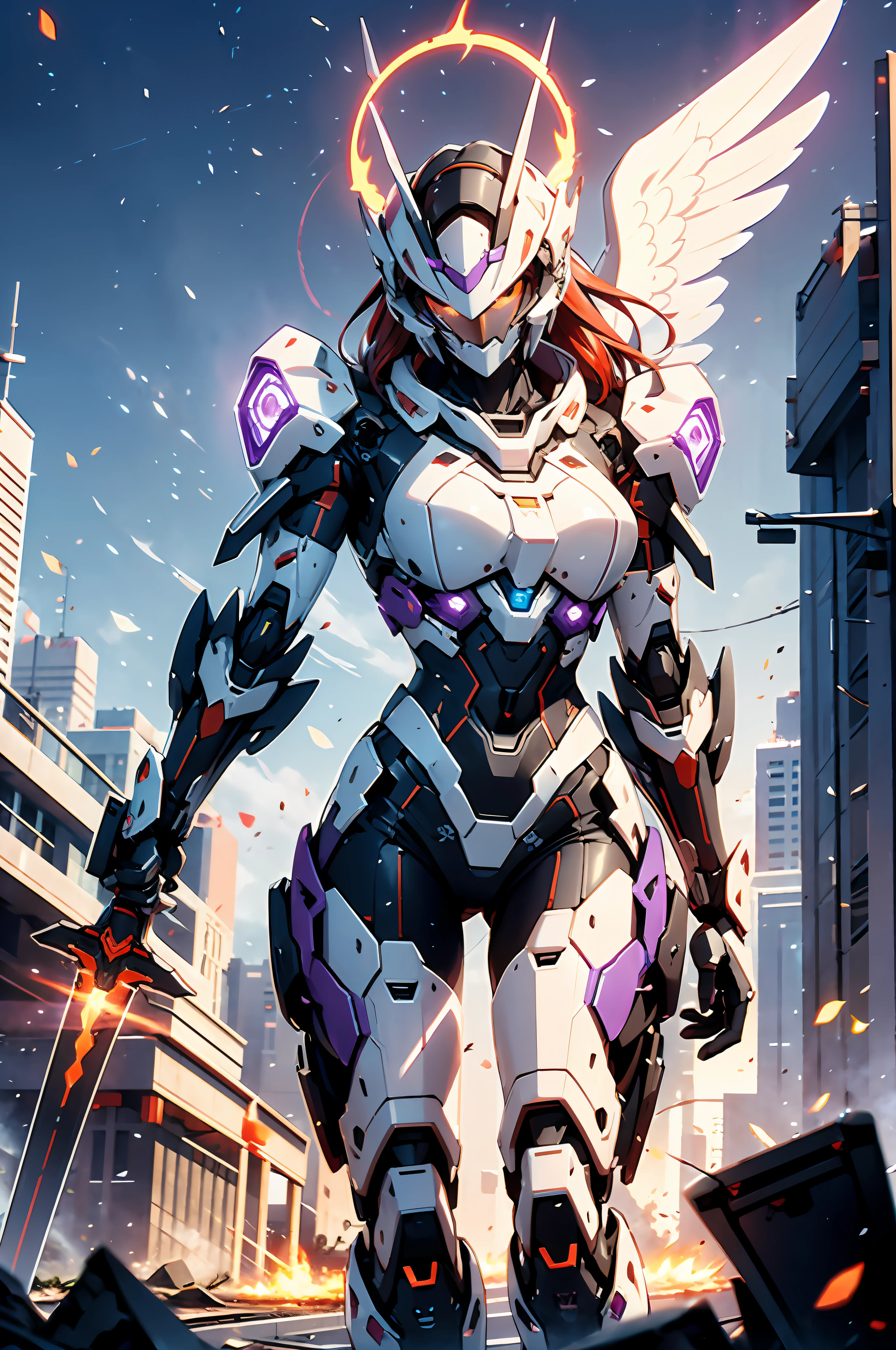 Futuristic style mecha, the surface of the mecha flashes, the mecha is painted in purple and cyan, girl, slender waist, big breasts, big ass, flowing long fiery red hair, transparent face armor, nine-headed body, forward stance, wielding a long sword, holding a weapon in his hand, a long sword, a tail wing on his back, spraying flames, an angel halo on his head, surrounded by ruins, HD, CG image, ultra-wide angle lens, gigantic