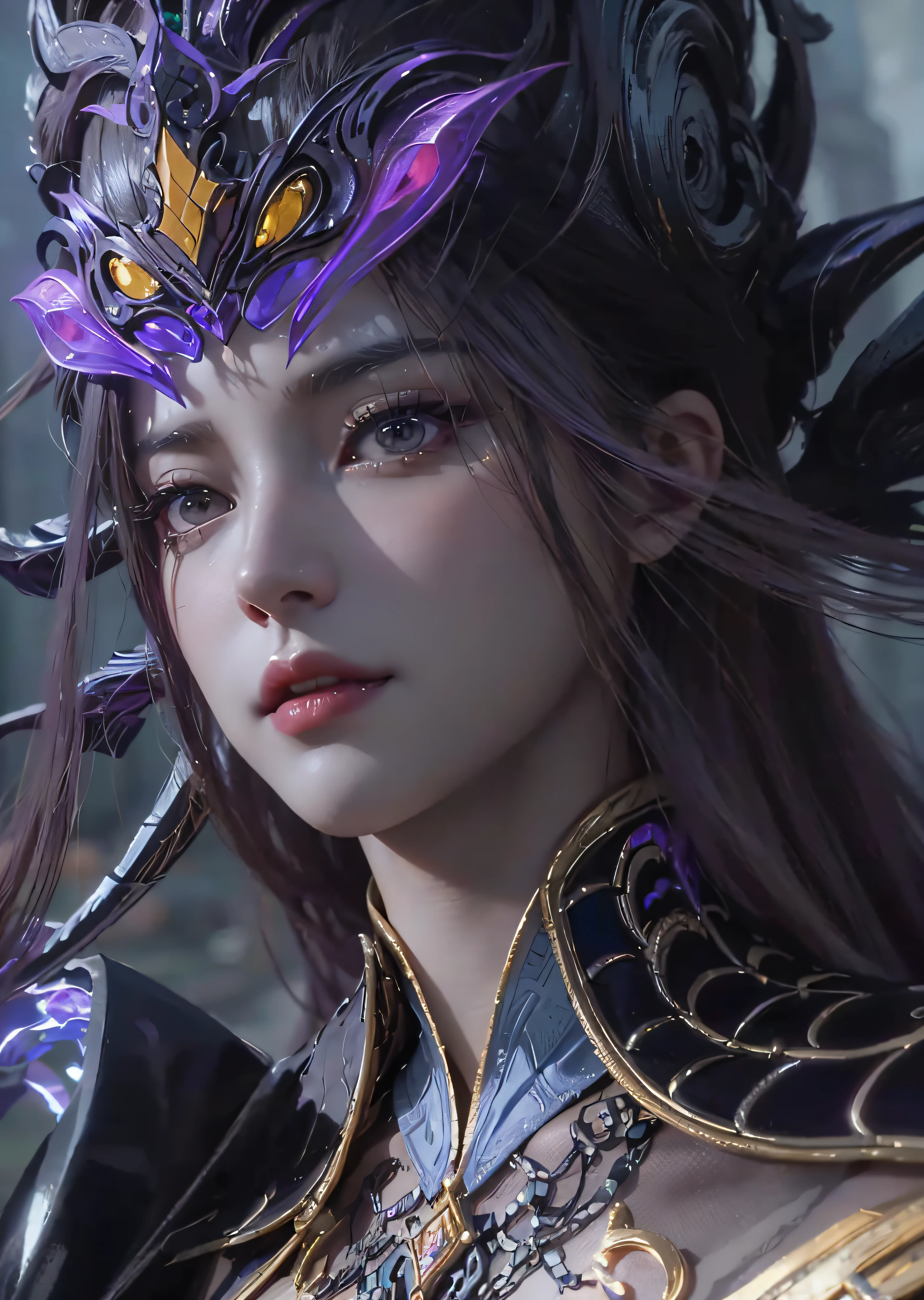 a close up of a woman with a purple and black costume, shadowbringers cinematic, 4 k detail fantasy, a beautiful fantasy empress, game cg, xianxia fantasy, xianxia hero, 2. 5 d cgi anime fantasy artwork, cinematic goddess close shot, ruan jia and artgerm, wow 4 k detail fantasy, hyperdetailed fantasy character