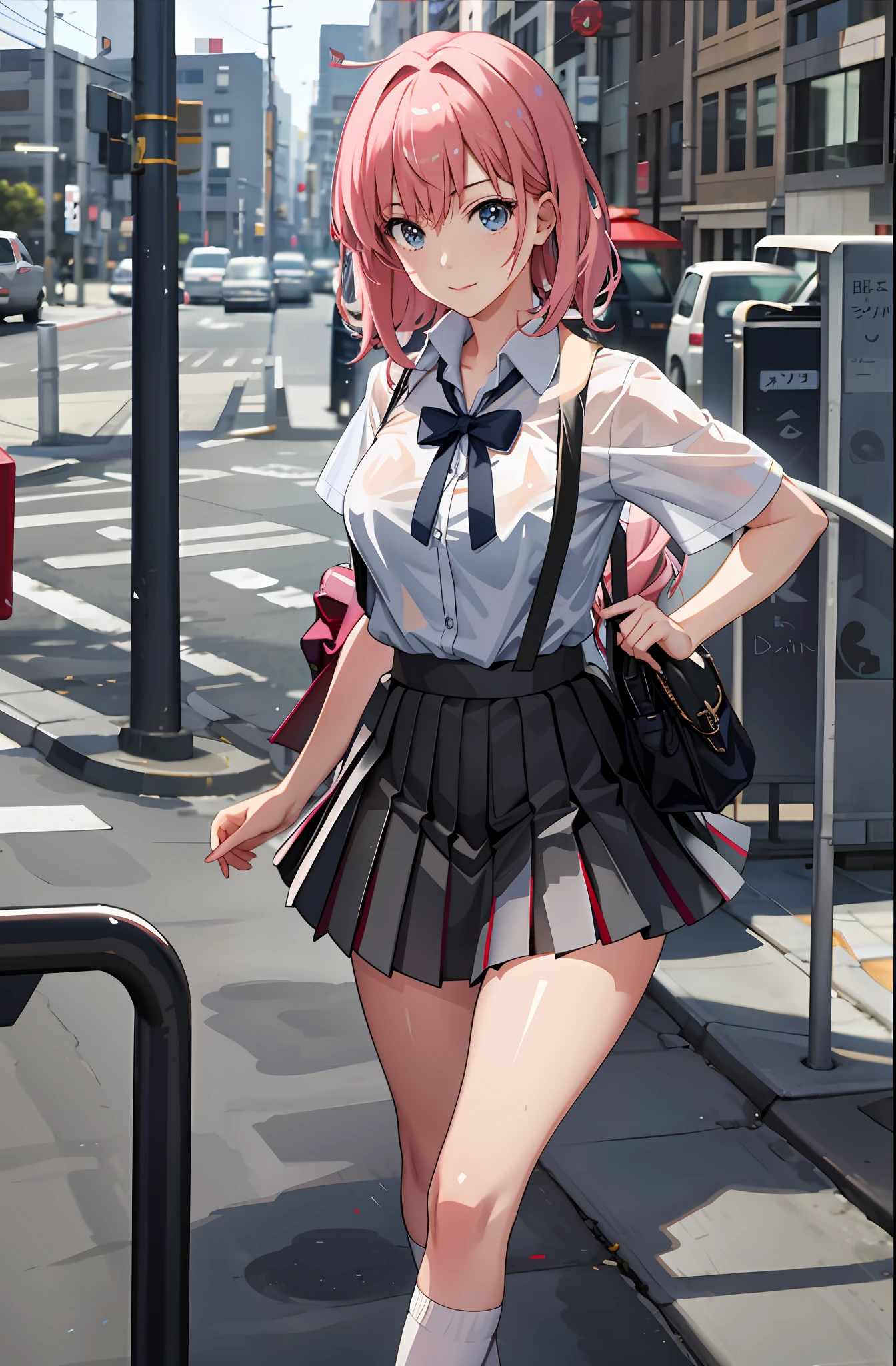 anime girl in school uniform walking down the street with a bag, a hyperrealistic student, hyperrealistic student, realistic student, beautiful high school anime girl, attractive anime girl, seductive anime girl, beautiful anime girl, anime girl, realistic anime style 3d, cute anime girl, beautiful anime girl, young anime girl, soft anime cg art anime, school girl,  sexy, girl, transparent clothing, wet, raining, reflection
