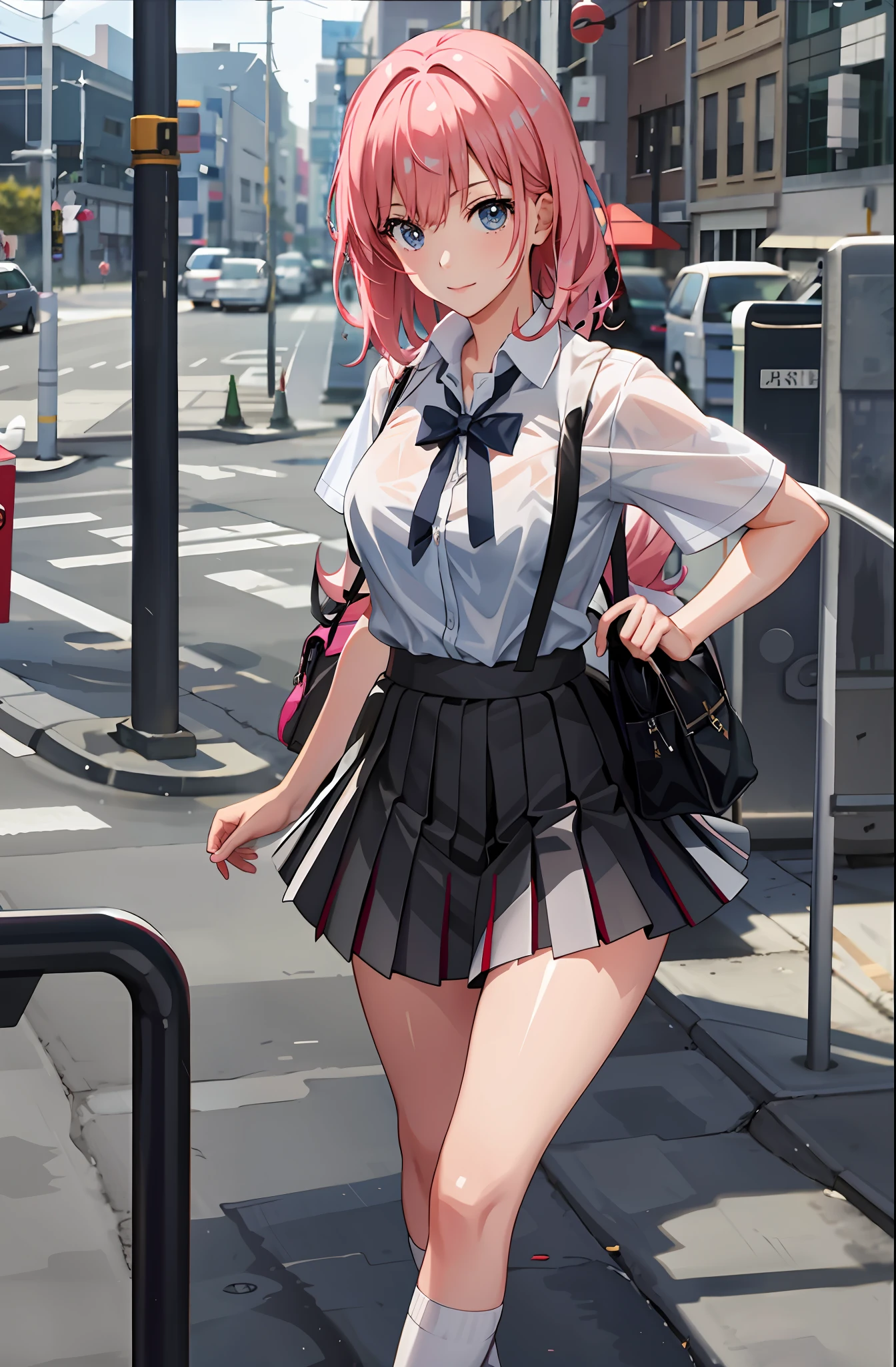 anime girl in school uniform walking down the street with a bag, a hyperrealistic student, hyperrealistic student, realistic student, beautiful high school anime girl, attractive anime girl, seductive anime girl, beautiful anime girl, anime girl, realistic anime style 3d, cute anime girl, beautiful anime girl, young anime girl, soft anime cg art anime, school girl,  sexy, girl, transparent clothing, wet, raining, reflection