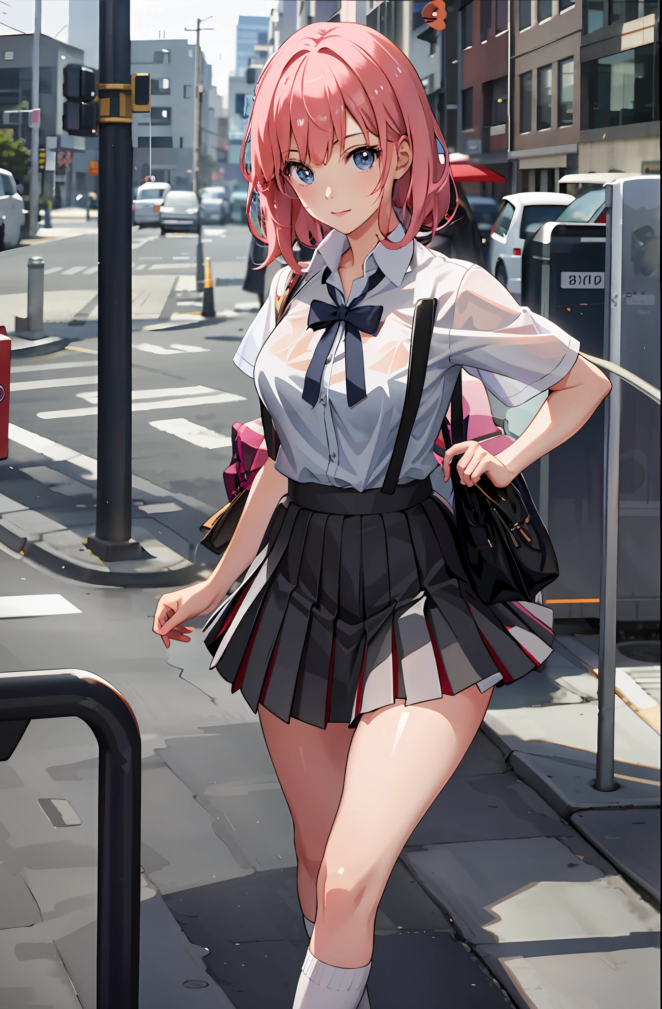 anime girl in school uniform walking down the street with a bag, a hyperrealistic student, hyperrealistic student, realistic student, beautiful high school anime girl, attractive anime girl, seductive anime girl, beautiful anime girl, anime girl, realistic anime style 3d, cute anime girl, beautiful anime girl, young anime girl, soft anime cg art anime, school girl, sexy, girl, transparent clothing, wet, raining, reflection
