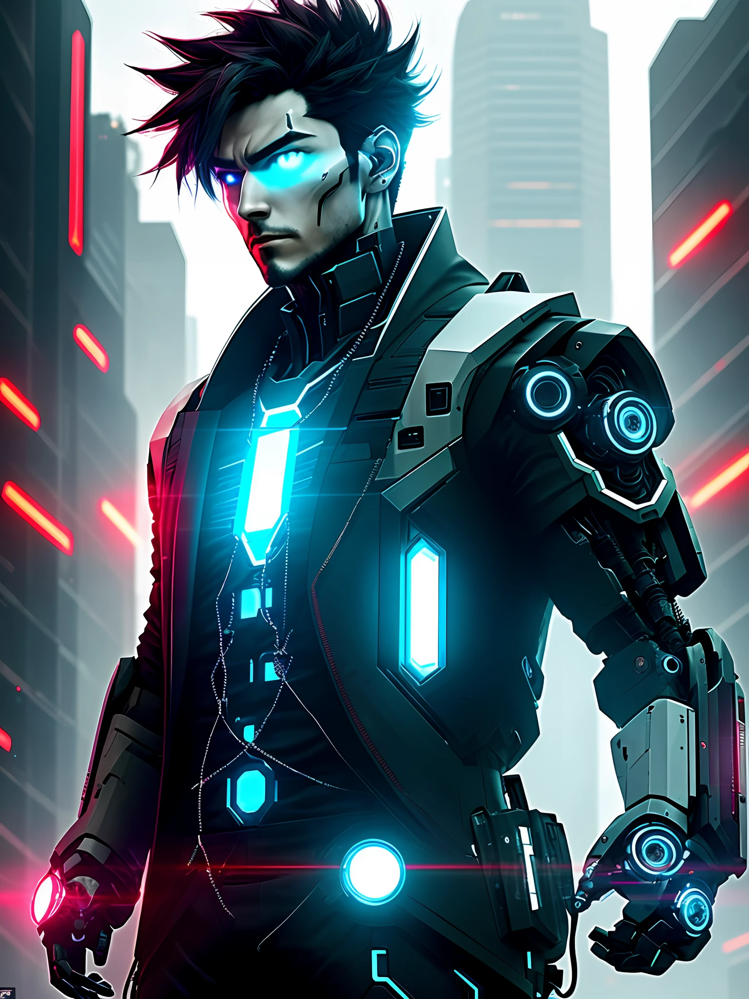 Zero: A mysterious AI consciousness trapped in a robotic body, Zero yearns to understand humanity. Through his hacking skills and machine intellect, he seeks to free others from the digital chains that bind them, cyberpunk, robot, legs, arms