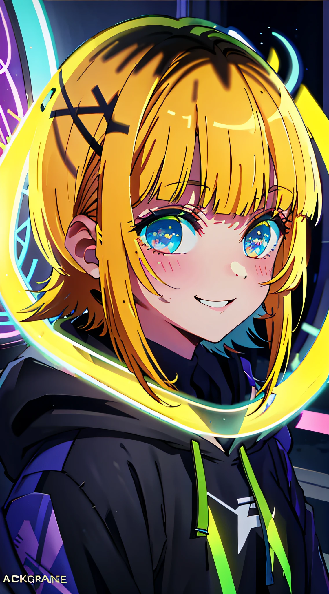 detailed background, masterpiece, best quality, smile, ornament, hoodie, portrait, yellow neon, graffiti, dark, night, glowing eyes, blacklight