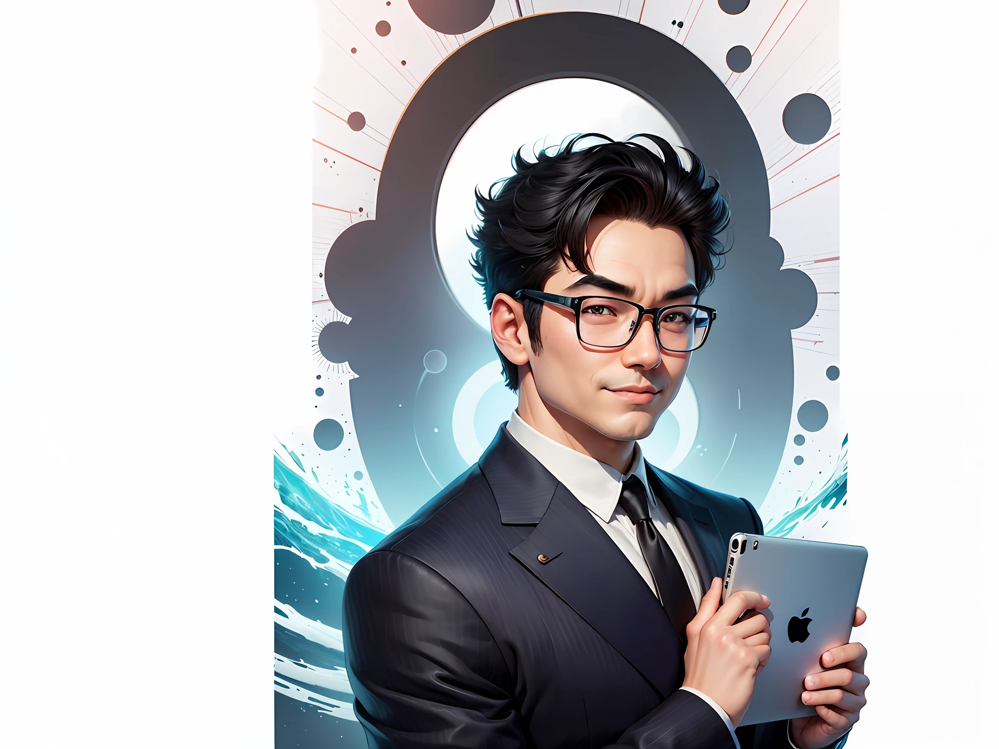 Masterpiece), (Excellent), (Super Meticulous), (Full Body: 1.2), Super Young Woman, Beautiful, Sexy, Bursting, Oriental Face, TV Anchor, Bust Portrait Illustration, Alone, Black Suit, Blue Tie, Silver Glasses, Slightly Chubby Face, Very Clean Face, No Beard, Black Super Short Hair, Black Eyes, Confident Smile, 3c Computer Sub-Products, iPad, iPhone, Digital Painting, 3D Character Design by Akira Toriyama with Mark Claireden and Pixar and Hayao Miyazaki, The illustration is a high-definition illustration in 4K resolution with very detailed facial features and cartoon-style visuals.