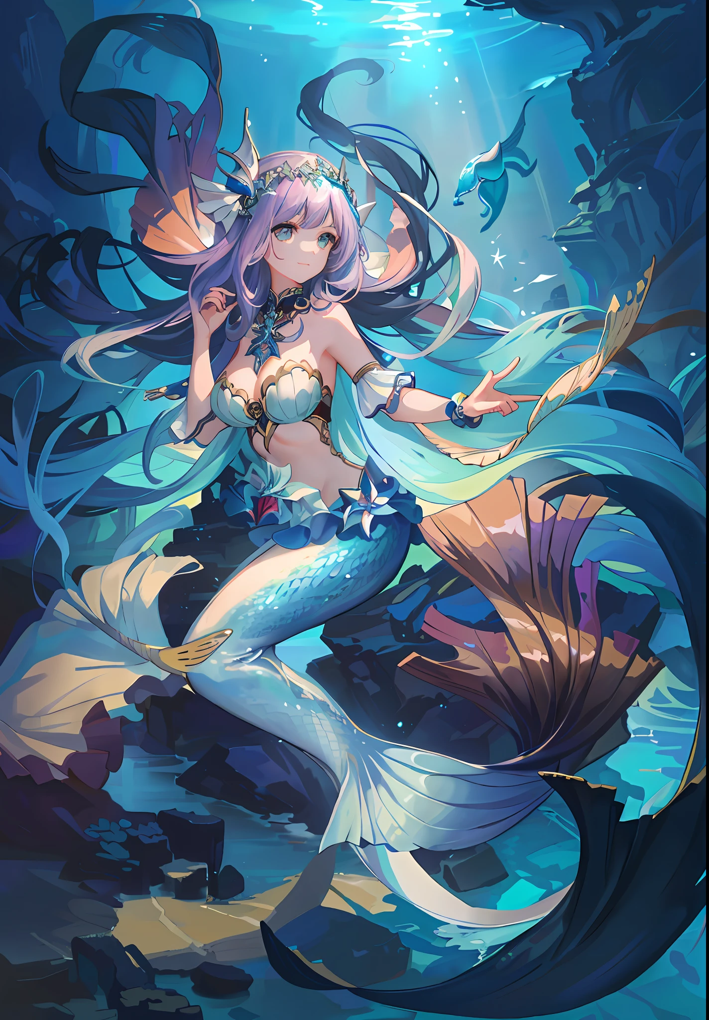 Beautiful mermaids, goddesses of the sea, free play in the deep sea. Fantasy creatures, legendary creatures, game illustrations