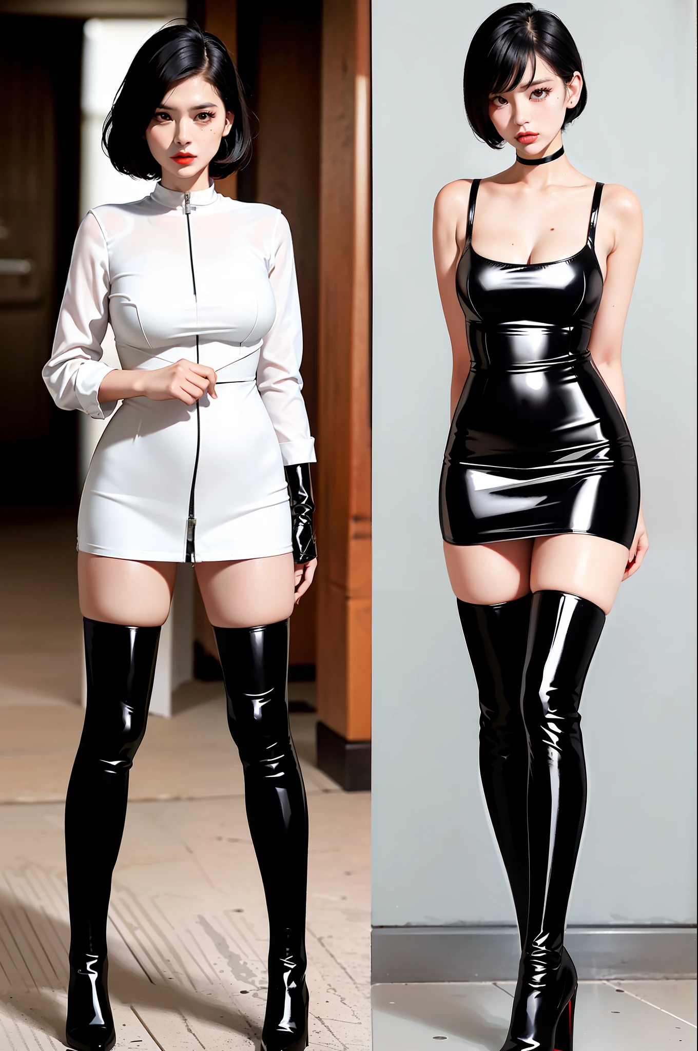 Two pictures of a woman in latex and a woman in a short skirt, latex costume, wearing latex, latex dress, black latex clothing, rubber and latex, latex shiny, amorant as supervillain, full body and head view, wearing tight simple clothes, white and black, minimal bodycon women's costume, full body and face, Dominatrix, black patent leather over-the-knee heeled red soled boots