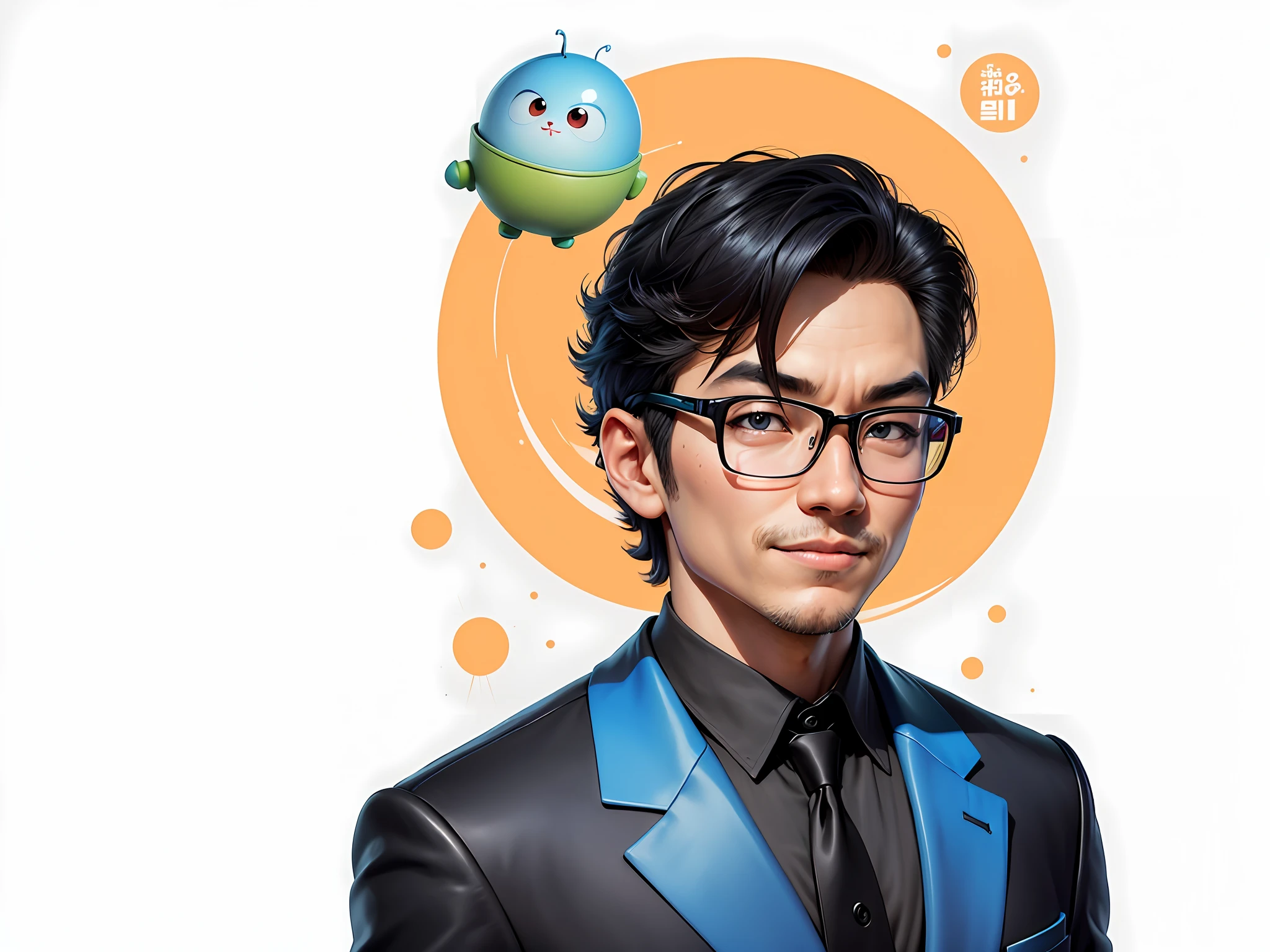 Masterpiece), (Excellent), (Super Meticulous), (Full Body: 1.2), Super Young Woman, Beautiful, Sexy, Bursting, Oriental Face, TV Anchor, Bust Portrait Illustration, Alone, Black Suit, Blue Tie, Silver Glasses, Slightly Chubby Face, Very Clean Face, No Beard, Black Super Short Hair, Black Eyes, Confident Smile, 3c Computer Sub-Products, iPad, iPhone, Digital Painting, 3D Character Design by Akira Toriyama with Mark Claireden and Pixar and Hayao Miyazaki, The illustration is a high-definition illustration in 4K resolution with very detailed facial features and cartoon-style visuals.