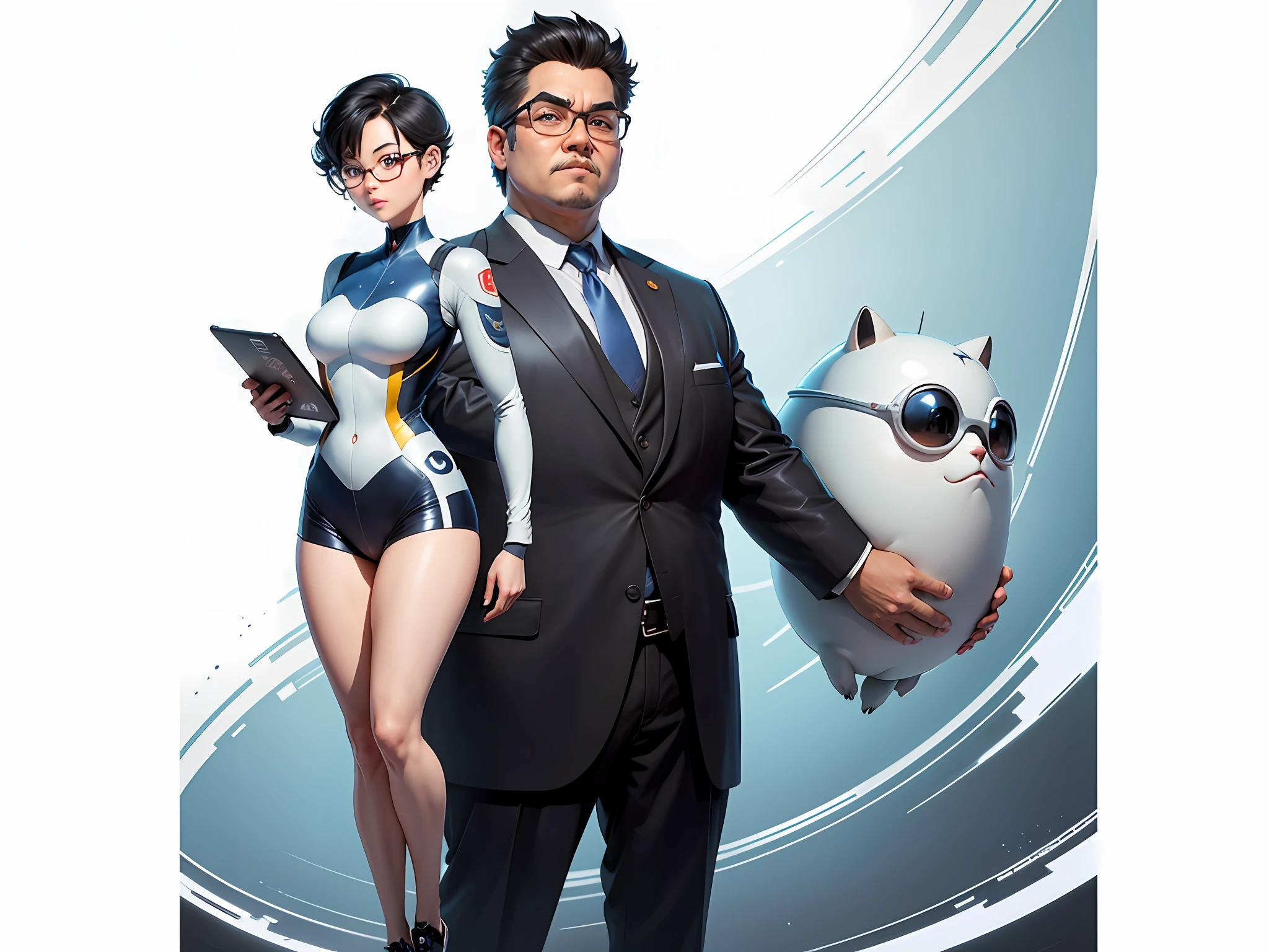 Masterpiece), (Excellent), (Super Meticulous), (Full Body: 1.2), Super Young Woman, Beautiful, Sexy, Bursting, Oriental Face, TV Anchor, Bust Portrait Illustration, Alone, Black Suit, Blue Tie, Silver Glasses, Slightly Chubby Face, Very Clean Face, No Beard, Black Super Short Hair, Black Eyes, Confident Smile, 3c Computer Sub-Products, iPad, iPhone, Digital Painting, 3D Character Design by Akira Toriyama with Mark Claireden and Pixar and Hayao Miyazaki, The illustration is a high-definition illustration in 4K resolution with very detailed facial features and cartoon-style visuals.