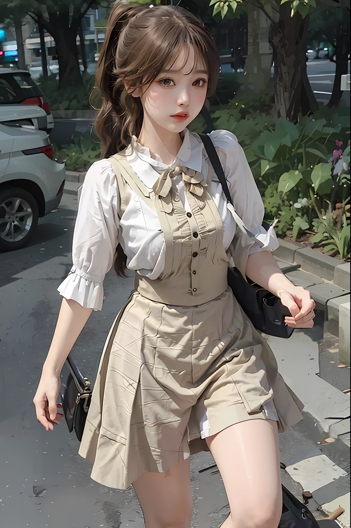 Best image quality, masterpiece, super high resolution, 1 girl, cute, ta skirt, sunny, street, dynamic light and shadow, double ponytail