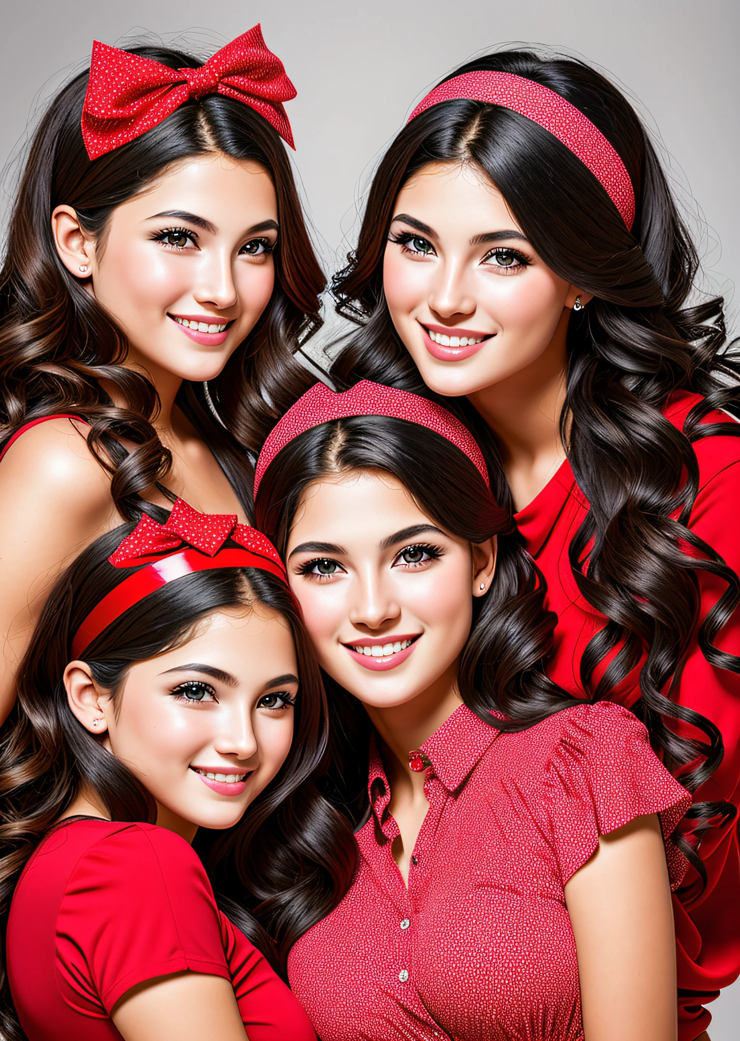 Fashion model photography, mother with two daughters, smiling, red clothes, strong sense of design, medium shot, French girl, long hair, hair accessories, delicate skin, smiling, simple background, high texture, glare backlight, Studio Professional Lighting