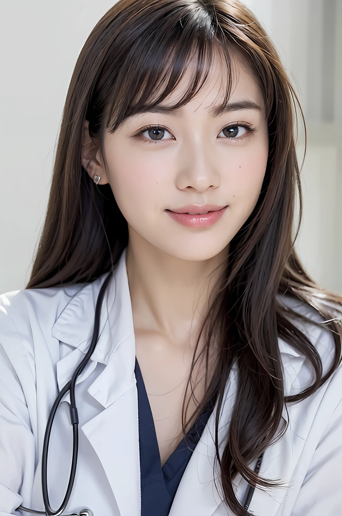 looking back, bangs, smile, female doctor, lab coat