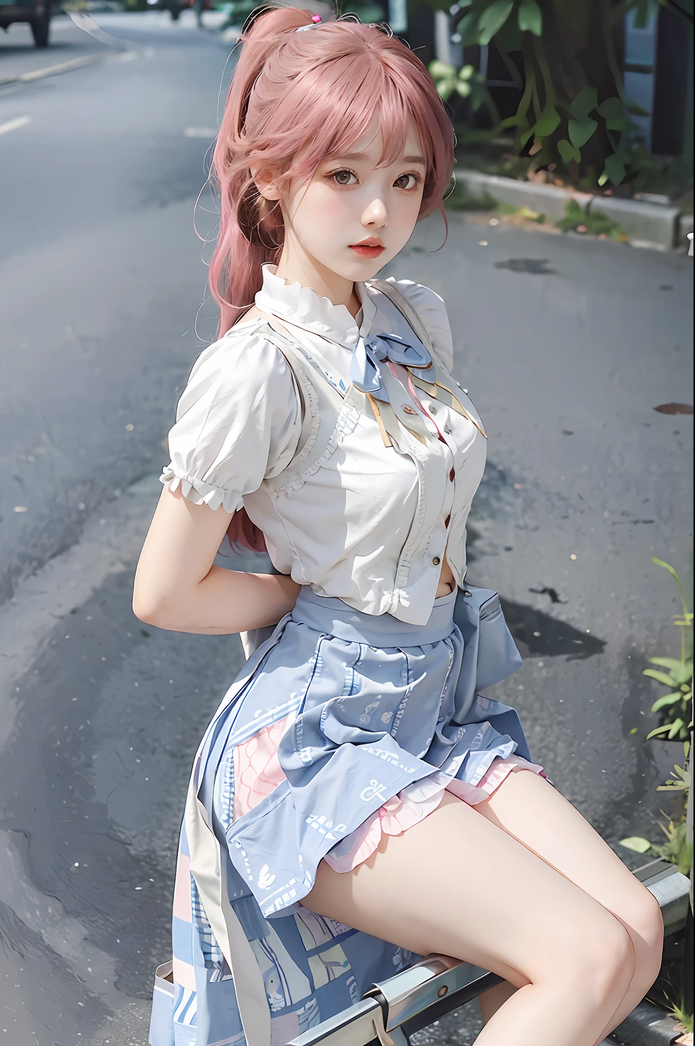 Best Quality, Masterpiece, Ultra High Resolution, 1 Girl, Cute, Blue and White ta Skirt with Good Look Pattern on Skirt, Sunny, Street, Dynamic Light and Shadow, Double Ponytail, Pink Hair