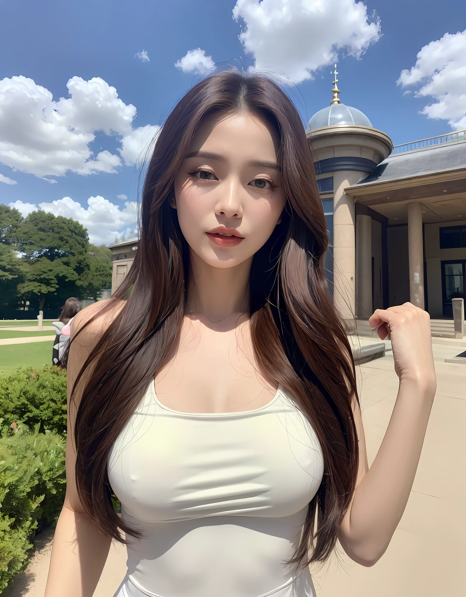 (Daytime, Excellent, 8K, Masterpiece:1.3)), Full Body, Long Legs, Focal Length: 1.2, Perfect Body Beauty: 1.4, Slim Abs: 1.1, ((Dark Brown Hair, Big Breasts: 1.2 )), (White Dress, Standing: 1.2), ((City, Blue Sky and White Clouds: 1.3)), Highly detailed face and skin texture, Detailed eyes, Double eyelids, Flying long hair