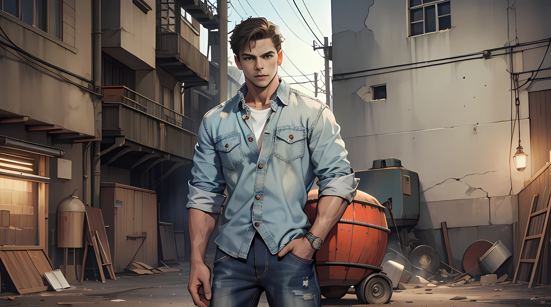 1man, Medium height, Short brown hair, Clear face contours, Wear a casual blue denim shirt, Wear it with gray trousers and leather boots, The background is a cement mixer, Rugged, +, Realistic ++, +, The ++ of details, +, Dramatic lights, +, Industrial sense, ++, Interpretation of art, -, Rough texture, +, Contrasting colors, +, masterpiece, Ultra-high resolution, Dusk, Urban scenery, Short black hair, Single male, Depth of field, best quality