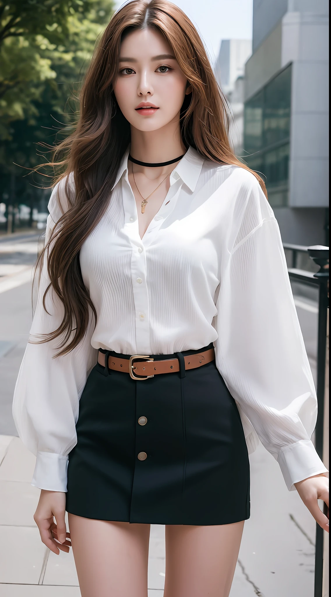 (Best quality, High resolution, Masterpiece :1.3), A tall and pretty woman, Slender abs, Dark brown hair styled in loose waves, Breasts, Wearing pendant, White button up shirt, Belt, Black skirt, (Modern architecture in background), Details exquisitely rendered in the face and skin texture, Detailed eyes, Double eyelid