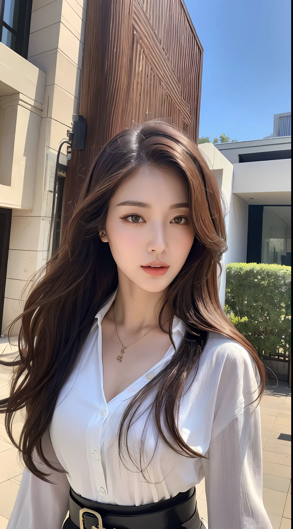 (Best quality, High resolution, Masterpiece :1.3), A tall and pretty woman, Slender abs, Dark brown hair styled in loose waves, Breasts, Wearing pendant, White button up shirt, Belt, Black skirt, (Modern architecture in background), Details exquisitely rendered in the face and skin texture, Detailed eyes, Double eyelid
