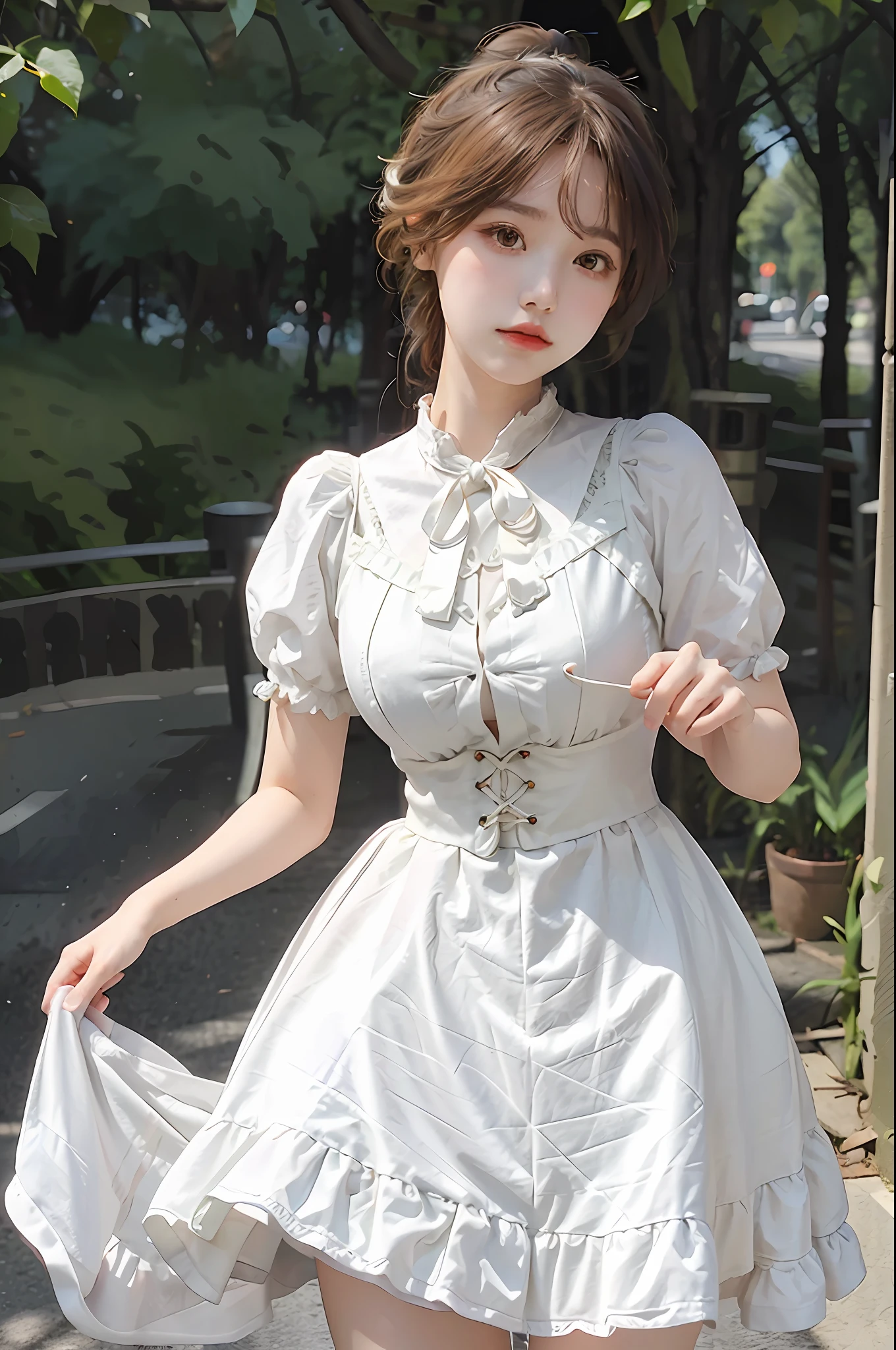 Best Quality, Masterpiece, Ultra High Resolution, 1 Girl, Cute, White Lolita Dress, Sunny, Street, Dynamic Light and Shadow, Double Ponytail, Colored Hair