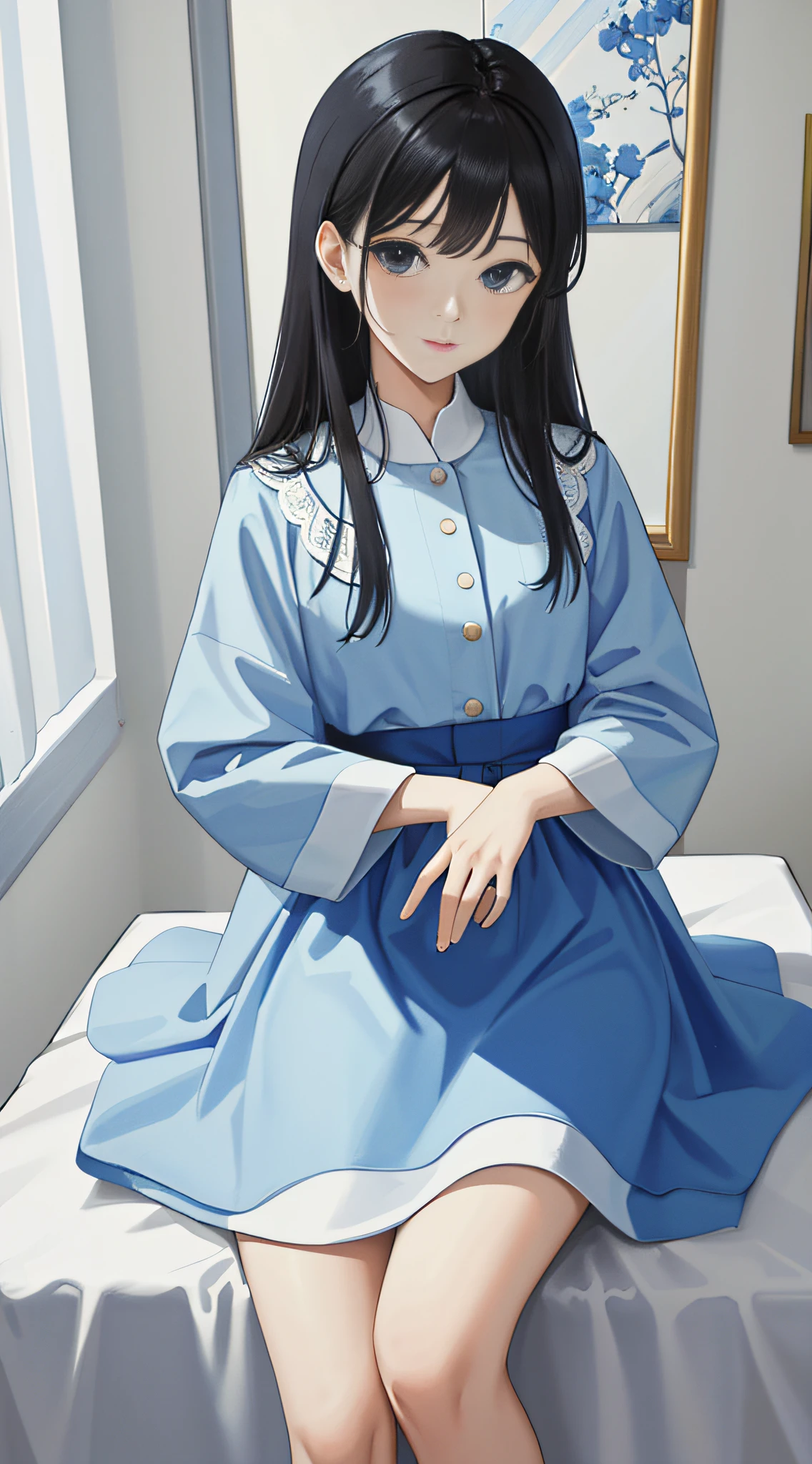(best quality:1.2), (masterpiece:1.2), looking at viewer, blue theme, beige theme, black hair,