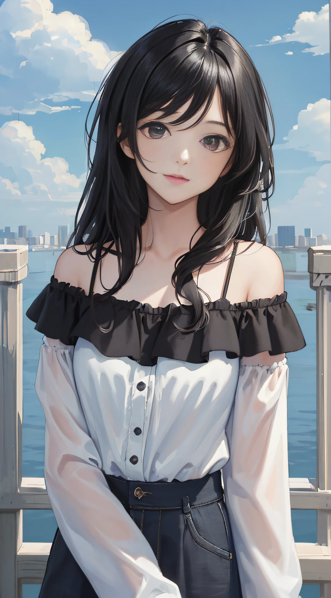 (masterpiece, best quality:1.4), looking at viewer, (on_front:1.2), bright sky,
(wavy hair:0.8), black hair, cloudy sky, sunlight, upper_body, off shoulder, summer, day,