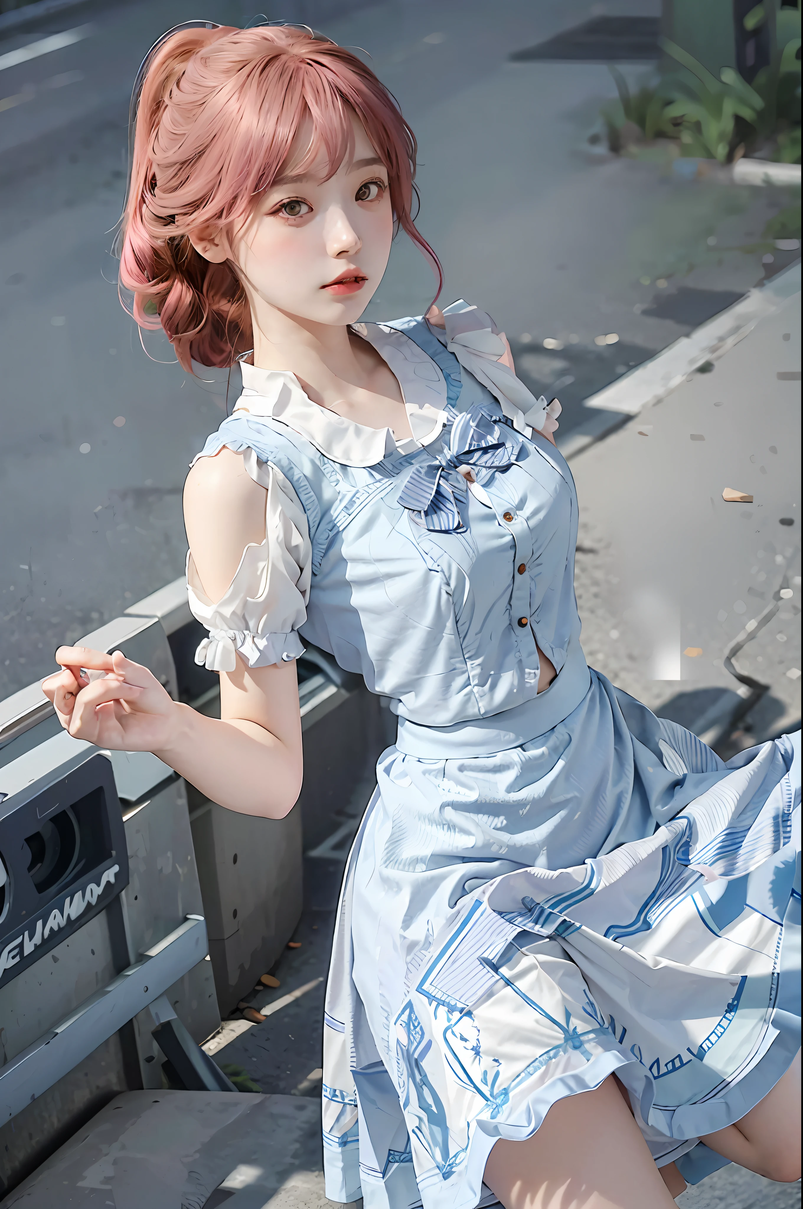 Best Quality, Masterpiece, Ultra High Resolution, 1 Girl, Cute, Blue and White Lolita Skirt with Good Look Pattern on Skirt, Sunny, Street, Dynamic Light and Shadow, Double Ponytail, Pink Hair