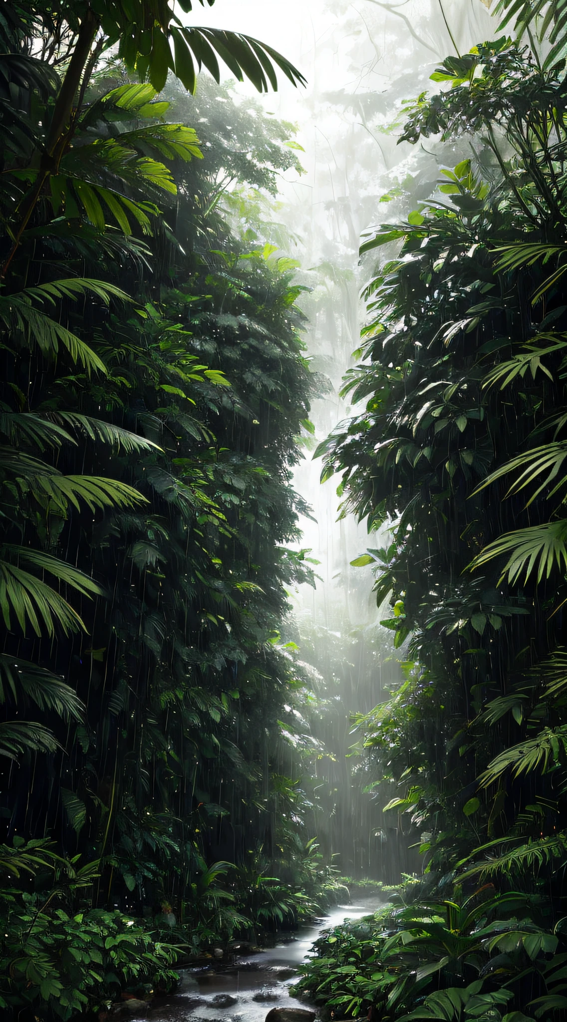 Jungle, heavy rainfall, monochrome, vines everywhere, huge and humid trees, masterpiece, best quality, high quality, very detailed CG unified 8k wallpaper, oil painting, award-winning photography, bokeh, depth of field, HDR, bloom, color difference, realism, very detailed, trends on artstation, trends on CGSociety, intricate, high detail, drama, midjourney art, volumetric lighting