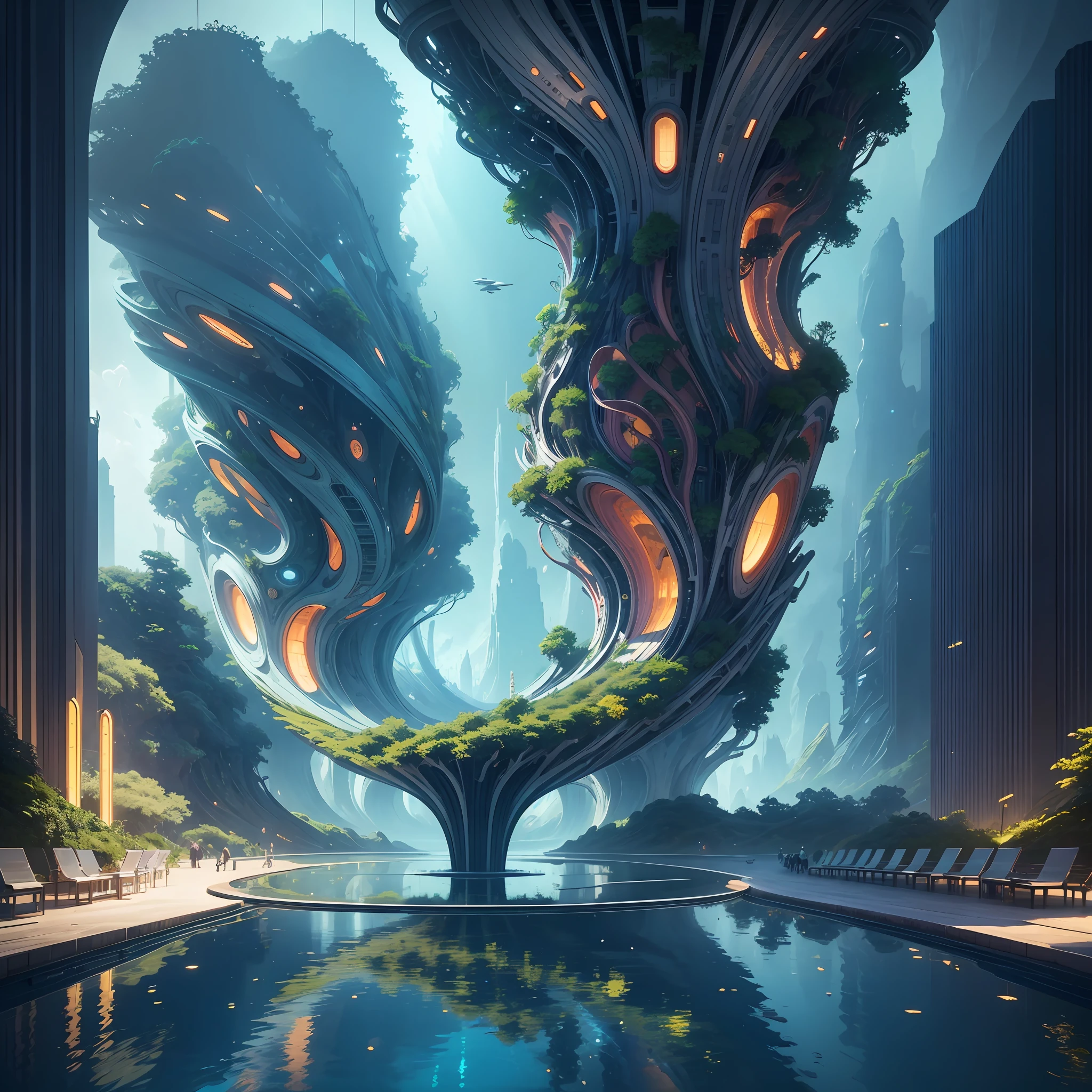 Science Fiction, Cities modern futuristic design large underwater city, futuristic underwater cityscape, a artificial waterfall and a pond with colorful flowers in the middle, nature meets underwater architecture, built inside ocean, realistic beehive architecture, organic underwater architecture, Reality very close to real nature, breathtaking render,city with underwater forest , advanced civilization technology,stunning architecture, luxury architecture, realistic fantasy render, by Zha Shibiao, epic and stunning, architectural visualization, epic architecture, concept art. 8 k --auto --v6 --s2