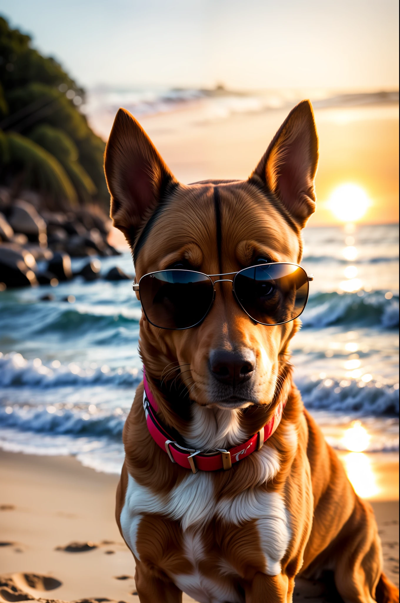 There is a dog wearing sunglasses on the beach at sunset - SeaArt AI