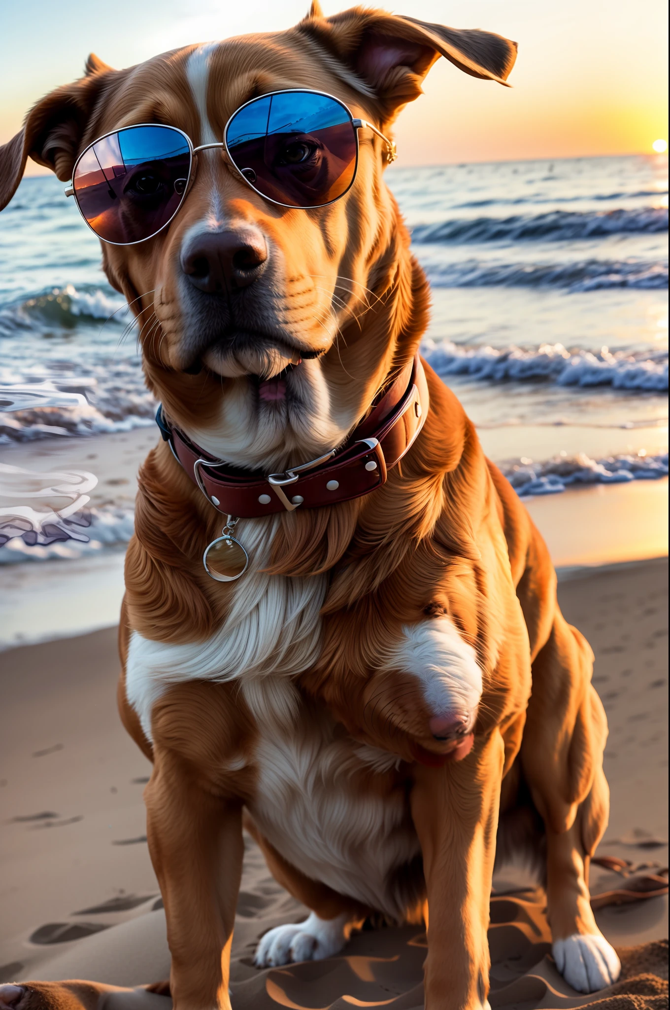 85mm, f1.8, portrait a dog on a beach wearing sunglasses, photo realistic, hyperrealistic, orante, super detailed, intricate, dramatic, sunset lighting, shadows, high dynamic range