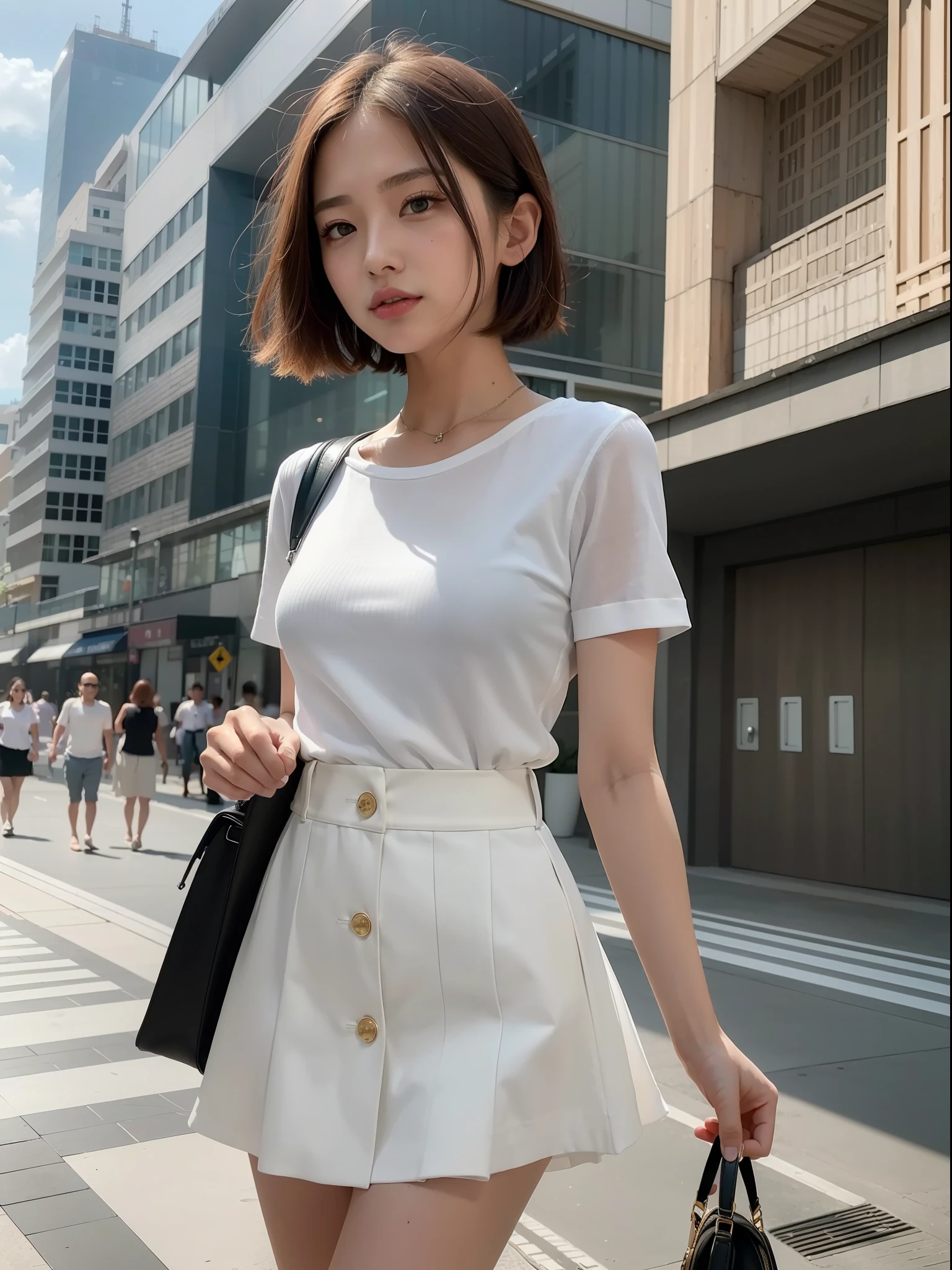 ((Best quality, 8k, Masterpiece: 1.3)), Sharp focus: 1.2, 1 aespa girl, beautiful face girl, cute face, age 24, small breasts, flat chest, short messy hair, walking, hold luggage, white casual shirt, skirt, terminal, station, sunlight, dramatic angle, kindness, cinematic lighting, (8k, masterpiece, best quality, raw photo)