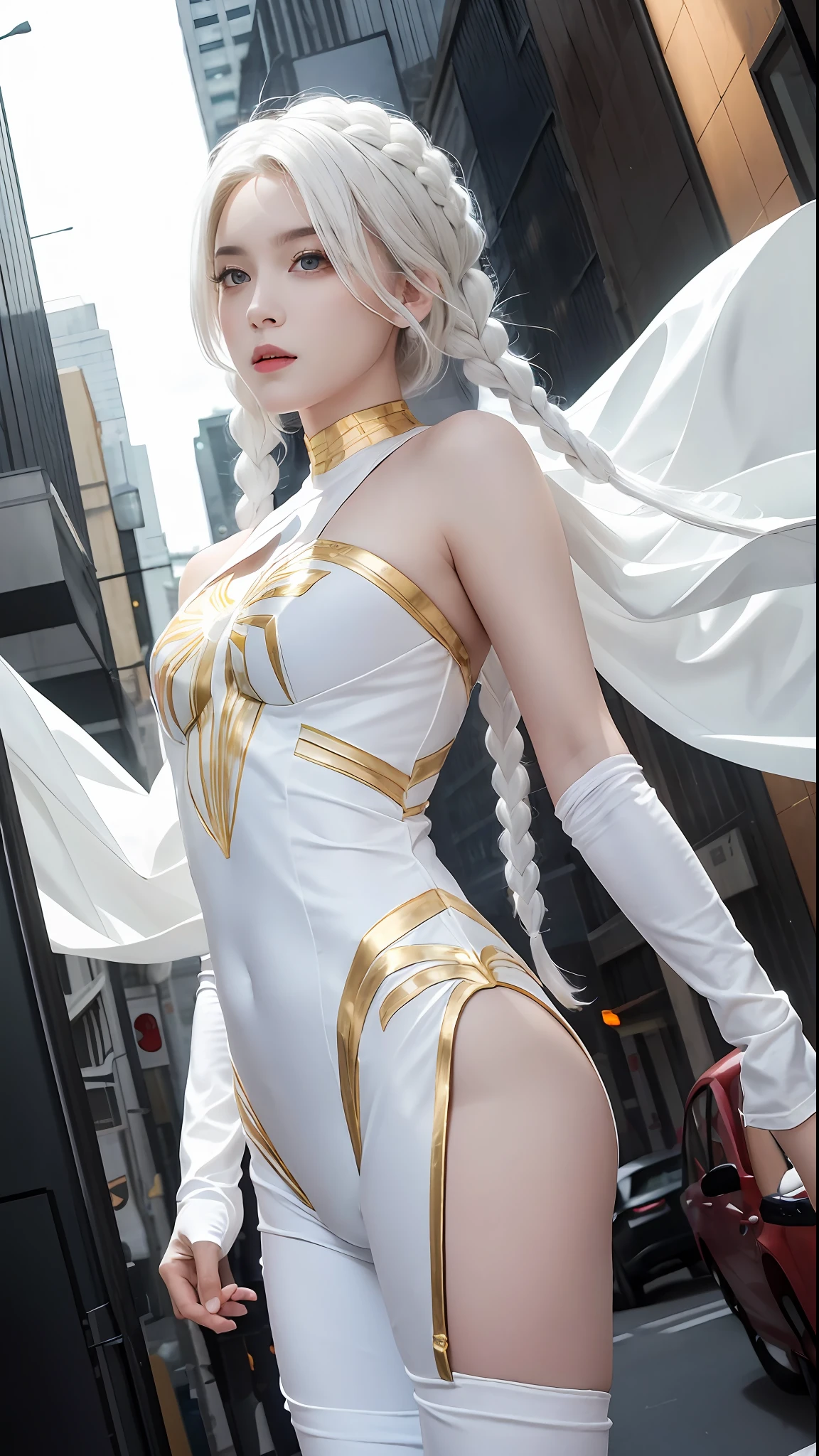 Superb and masterpiece, white hair, golden eyes, white Spider-Man suit, looking up, hair, fair skin, side braids, creeping pose, legs open, clothes bulging