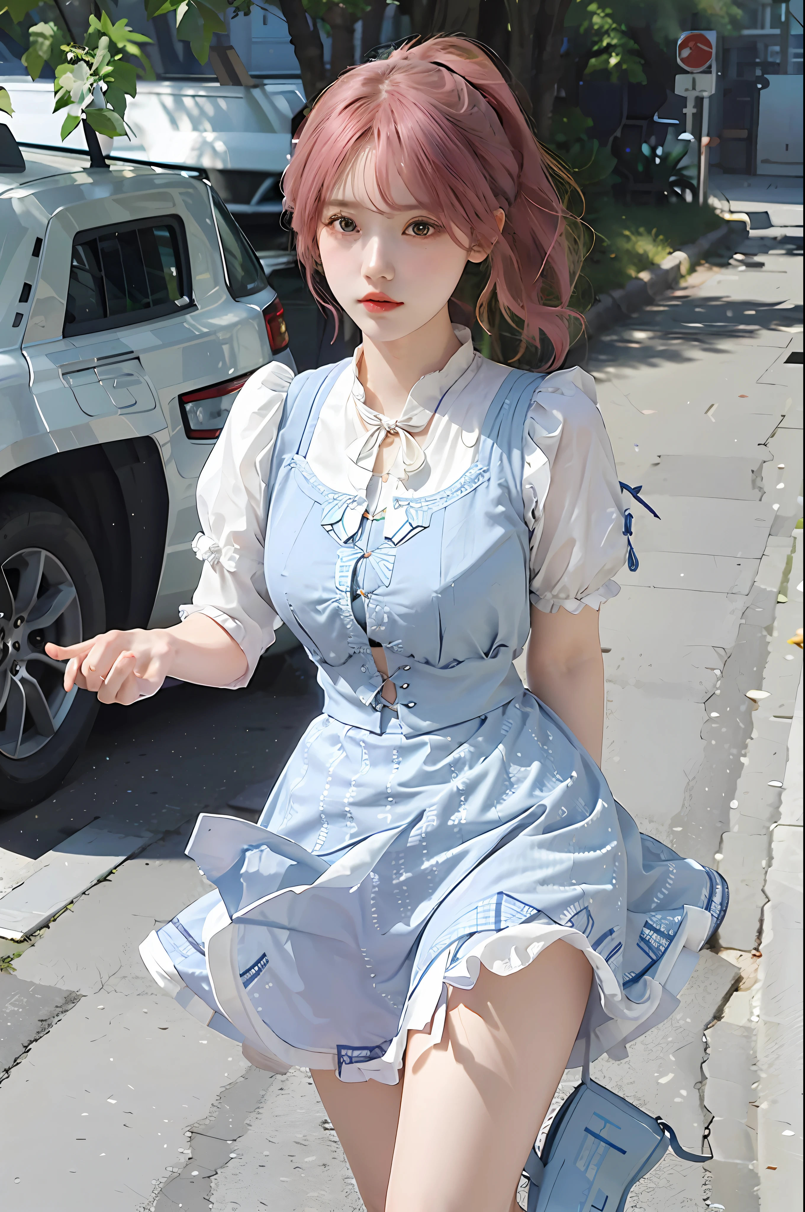 Best Quality, Masterpiece, Ultra High Resolution, 1 Girl, Cute, Blue and White Lolita Skirt with Good Look Pattern on Skirt, Sunny, Street, Dynamic Light and Shadow, Double Ponytail, Pink Hair