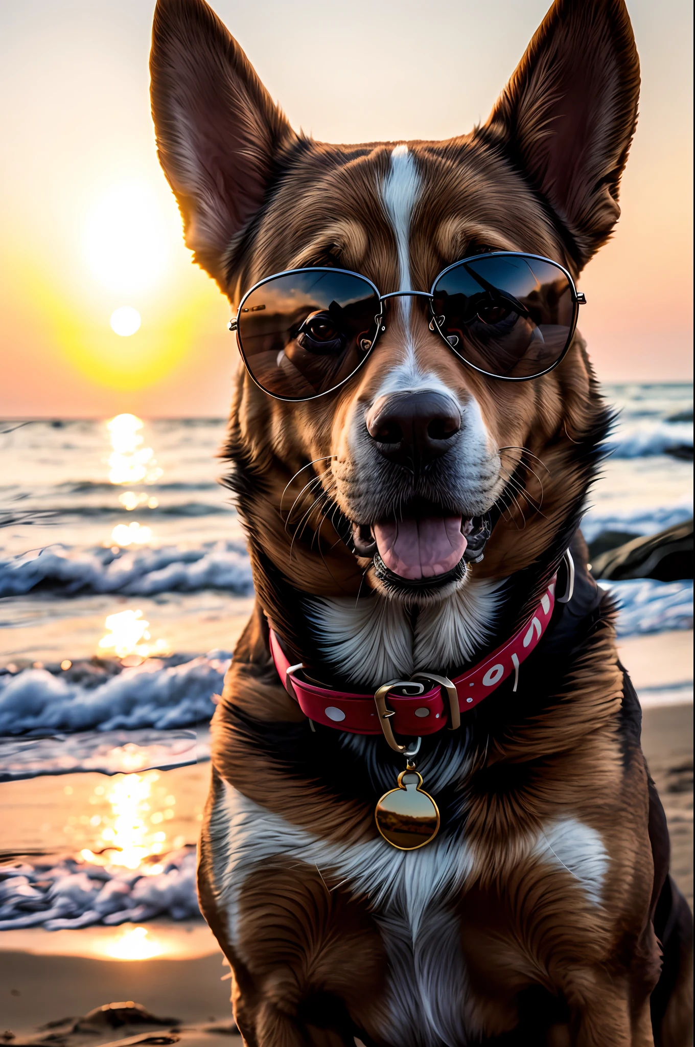 85mm, f1.8, portrait a dog on a beach wearing sunglasses, photo realistic, hyperrealistic, orante, super detailed, intricate, dramatic, sunset lighting, shadows, high dynamic range