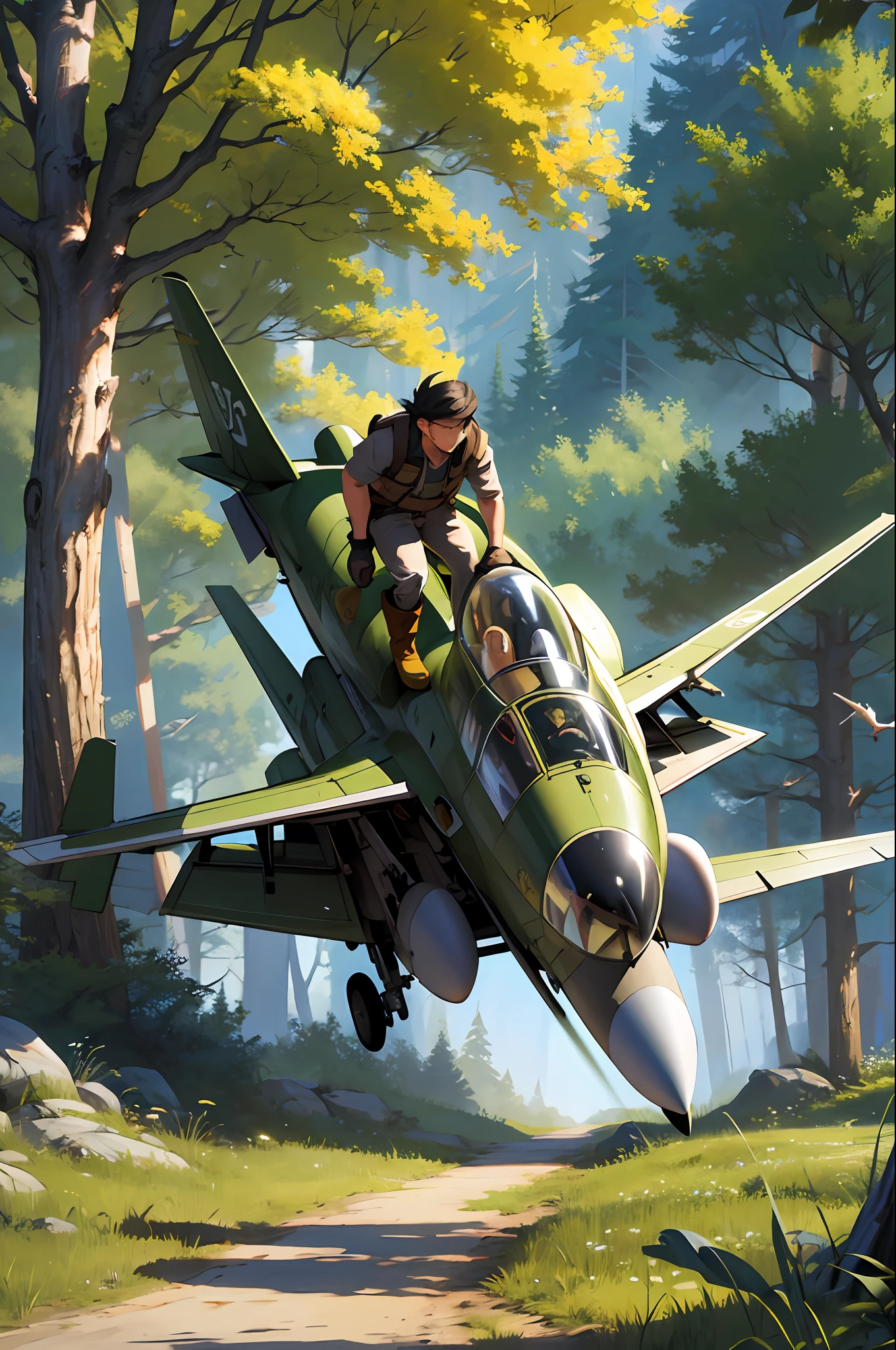 a man flying wearing a jet boot over a forest cartoon-style image quality without serrations and in the best possible quality --auto --s2
