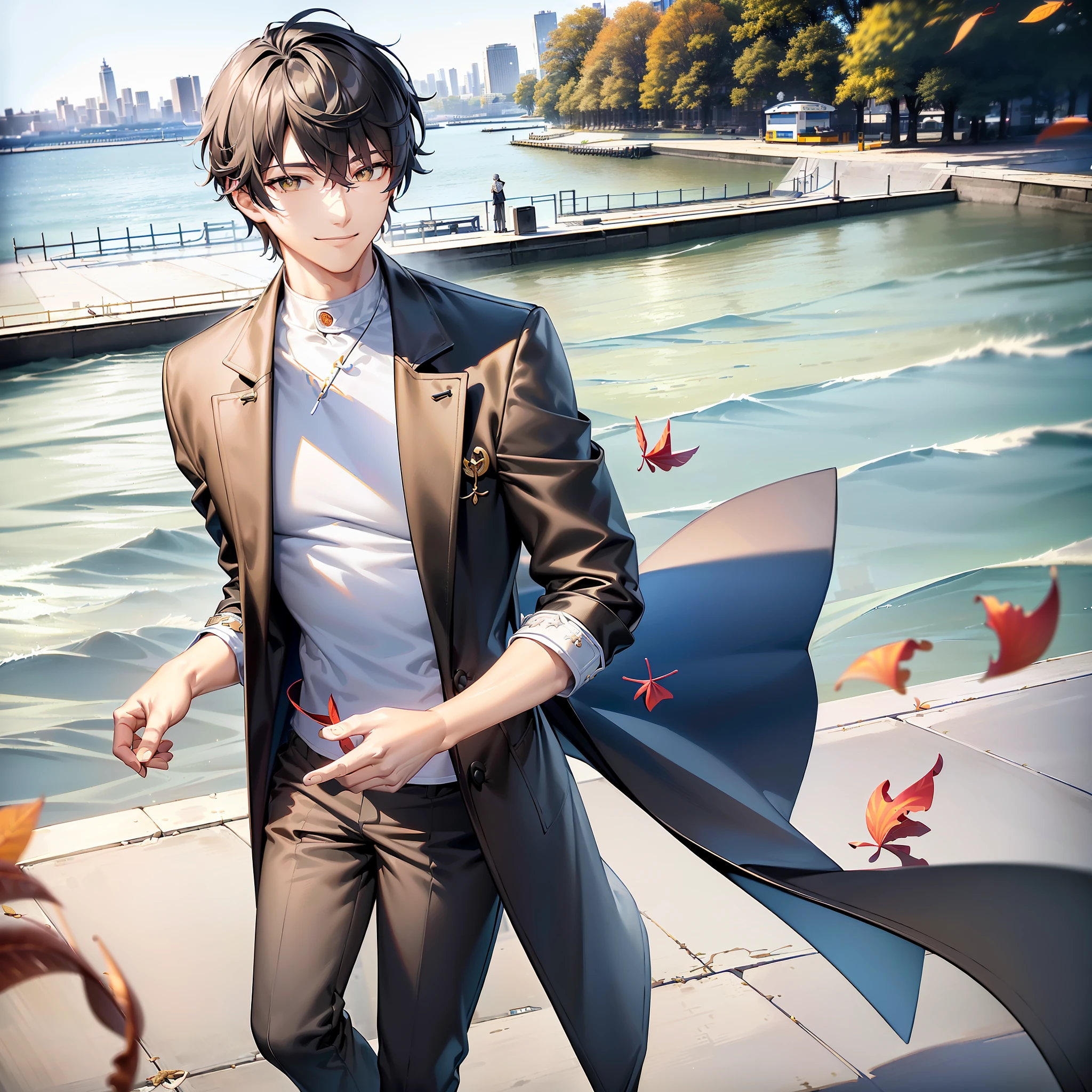 Dan Heng, Honkai Star Rail, (masterpiece, best quality, high quality, 4K), human, ((male)), (((solo))), mature, black short hair, slim, ((yellow pupils)), detailed eyes, front view, (clothing, (topwear: (dark-gray coat, (white t-shirt)), bottomwear:(pants: dark gray), standing, coat fluttering, detailed clothing, coat collar, tall, smiling, (((city seaside))), trees, falling leaves, (detailed background)