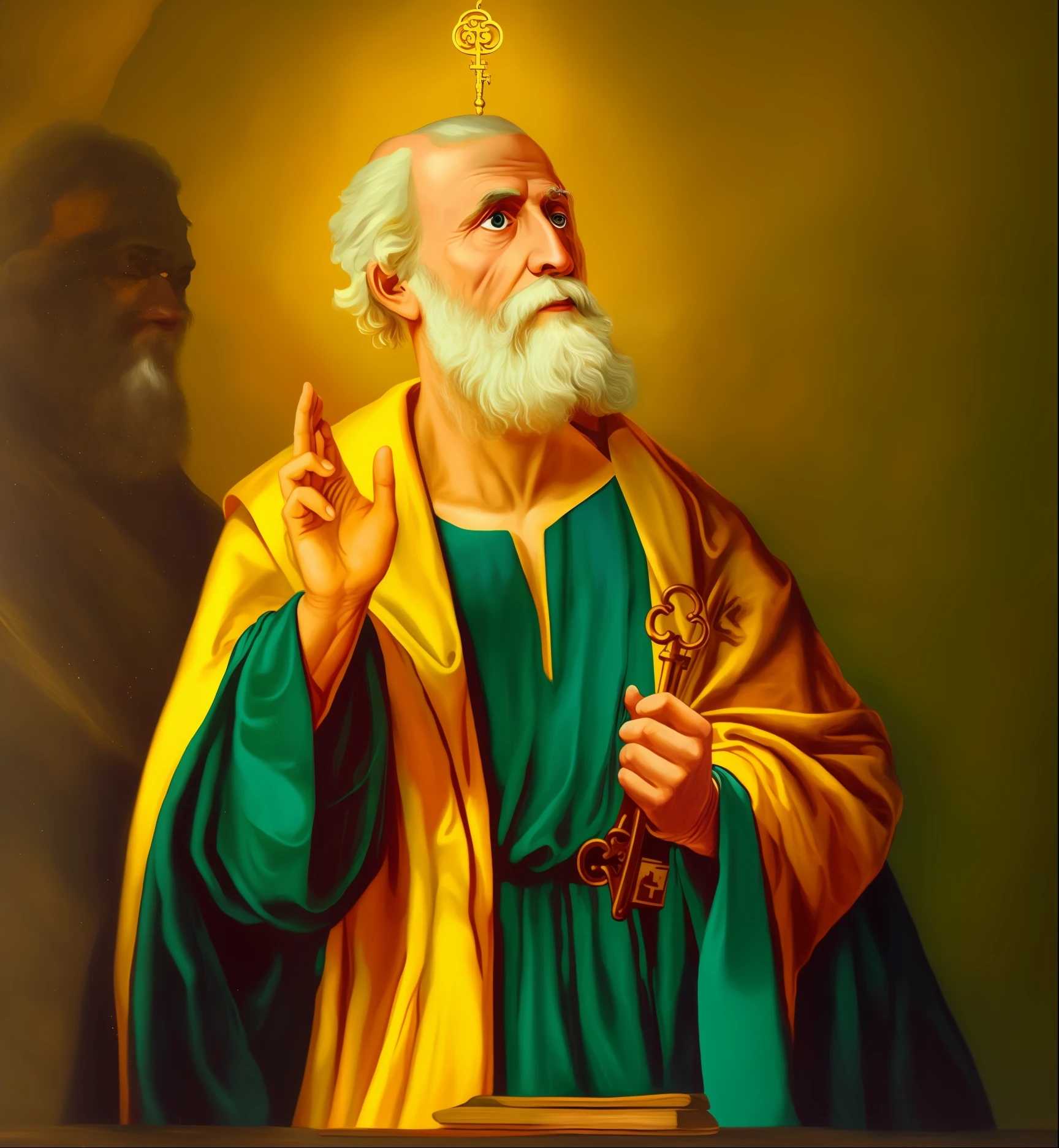 complete a painting of a man with a beard and a robe holding a key, Orthodox saint, beautiful golden saint, Christian saint, inspired by Nicomachus of Thebes, patron saint of , by Nicholas Marsicano, by Antonio Cavallucci, beautiful image, inspired by Ed Benedict, art style by ๐ธ๐๐ฉ๐พ Michelangelo, by Alexander Bogen