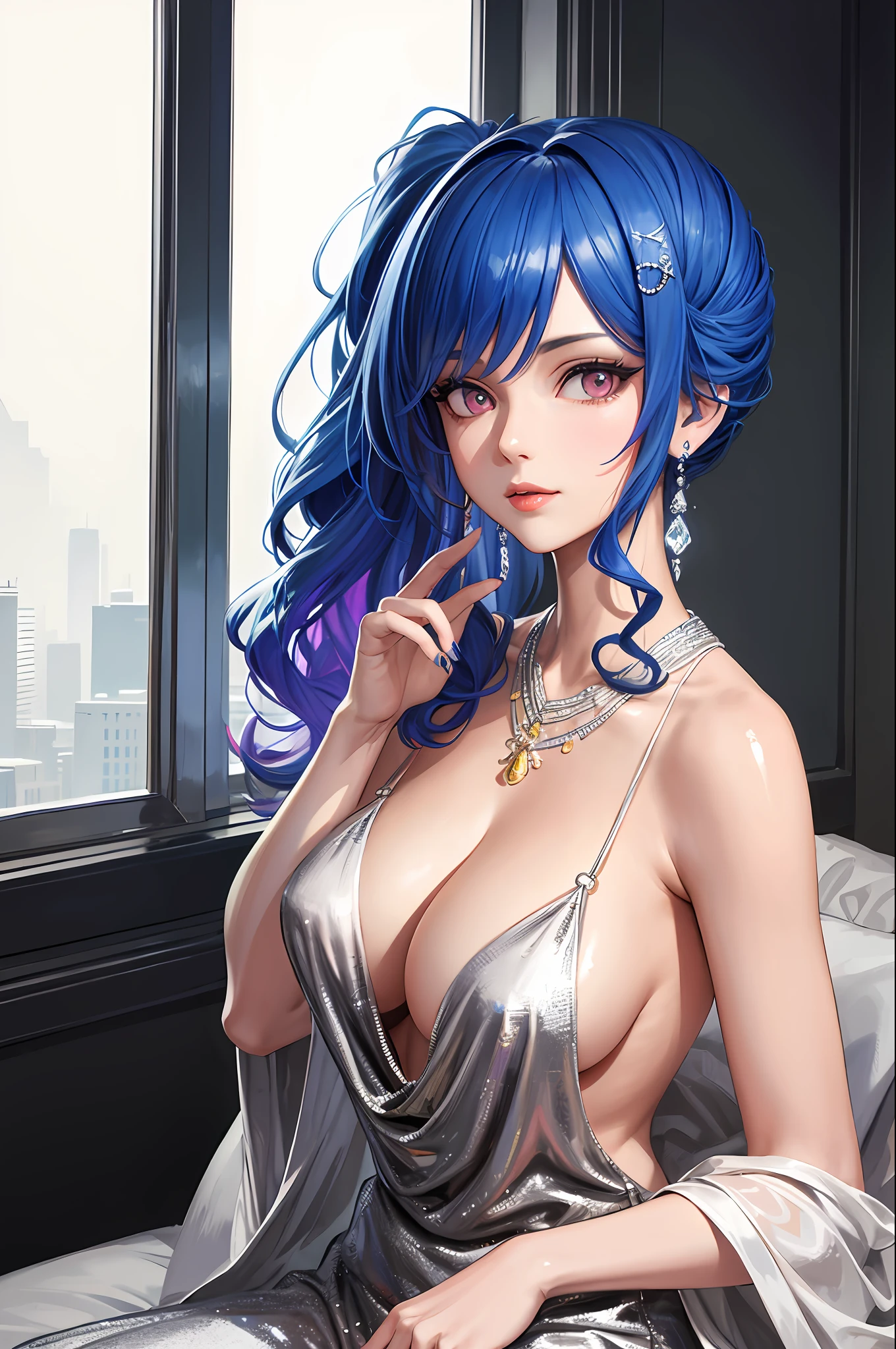 ((masterpiece, best quality)),
st. louis \(luxurious wheels\) \(azur lane\), highres, highest quallity, illustration, cinematic light, ultra detailed, detailed face, (detailed eyes), best quality, hyper detailed, masterpiece, (detailed face), large breasts, hair ornament, earrings, necklace, portrait, silver dress, revealing clothes,highest details, luminous eyes, (hotel:1.2), sitting in bed, sitting, bed, window, night sky, backlighting, light rays, (high contrast), (colorful),