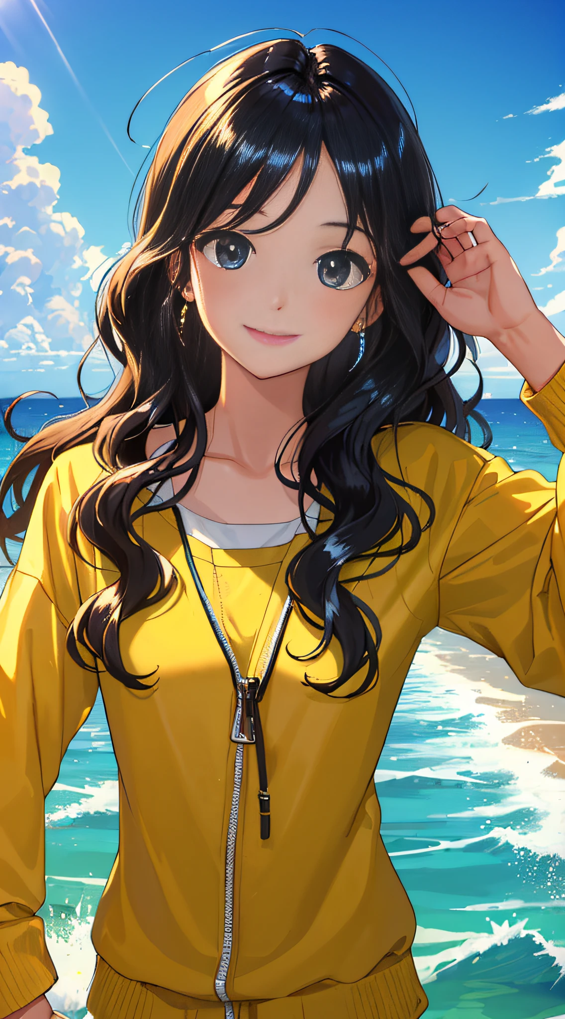 (masterpiece, best quality:1.2), looking at viewer, (earlyteen:1.2), (cinematic:1.4), wavy hair, (shiny skin, bright skin:1.2), happy face,