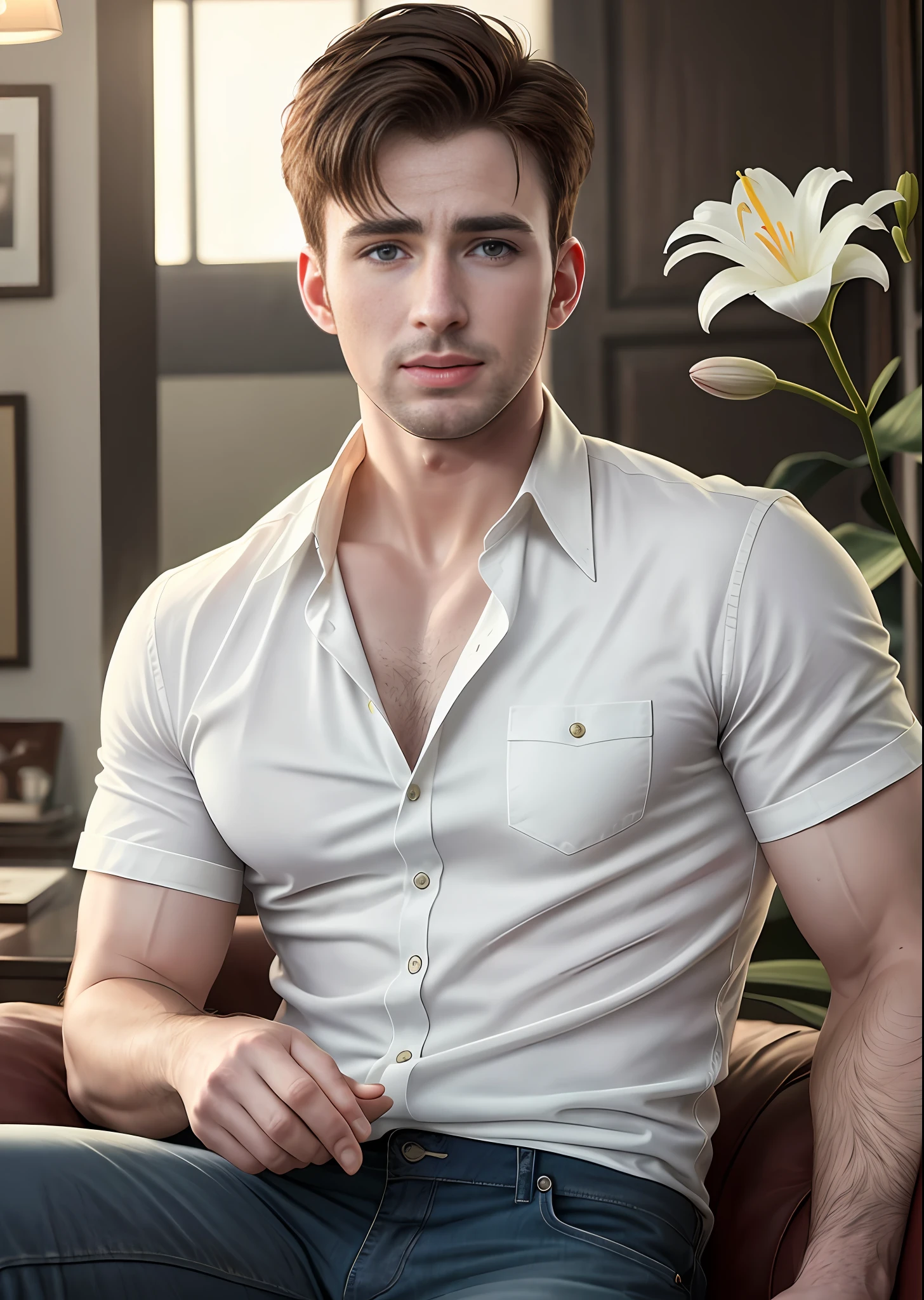 Chris Evans 20s handsome, short hair, messy hair, flirty, provocative, white shirt, holding a lily, atmosphere, 8K, real photo, (authenticity: 1.3) photorealistic