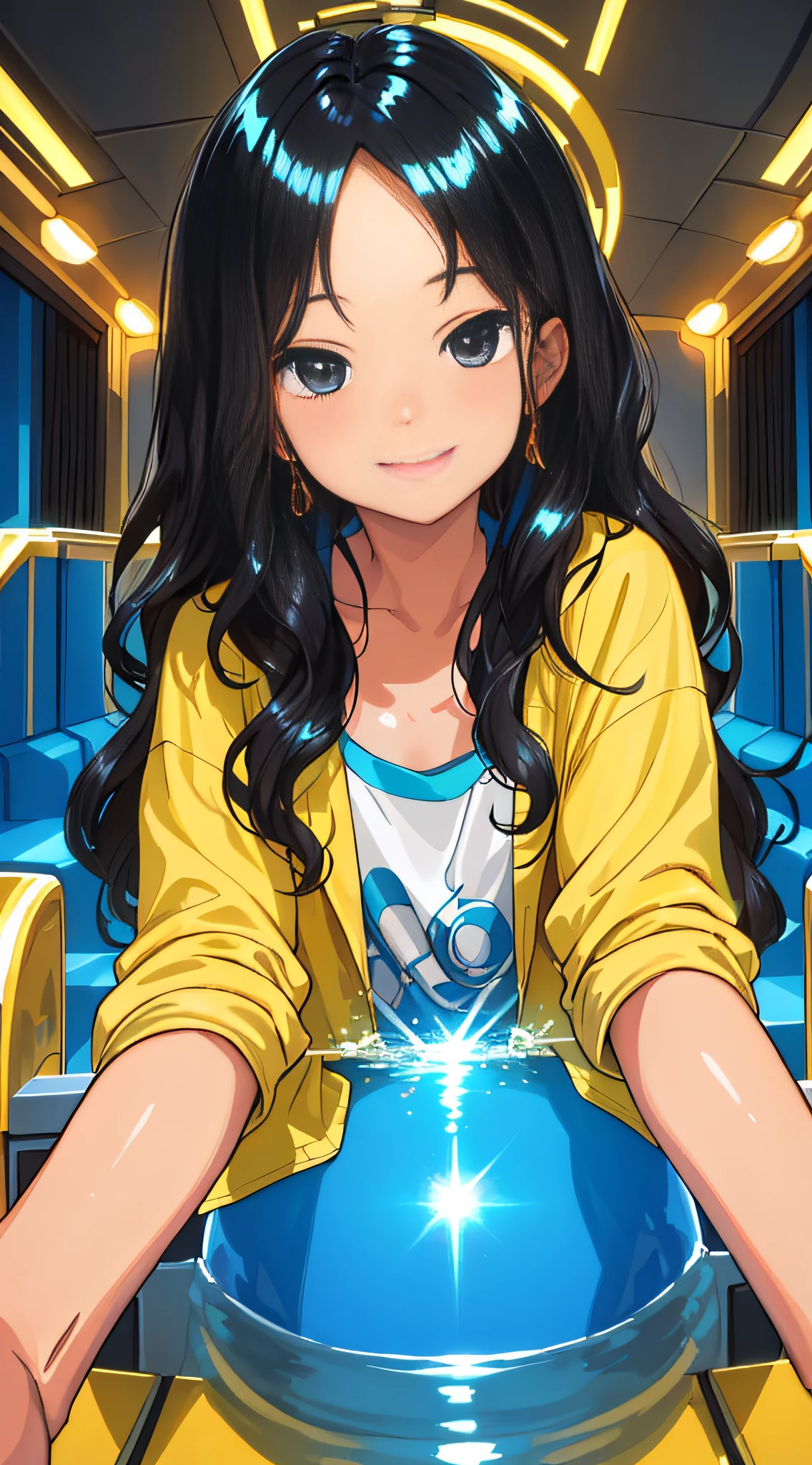 (masterpiece, best quality:1.2), looking at viewer, (earlyteen:1.2), (cinematic:1.4), wavy hair, (shiny skin, bright skin:1.2), happy face,