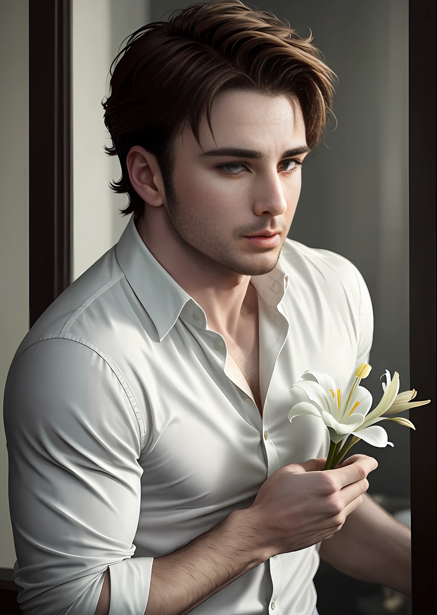 Chris Evans 20s handsome, short hair, messy hair, flirty, provocative, white shirt, holding a lily, atmosphere, 8K, real photo, (authenticity: 1.3) photorealistic