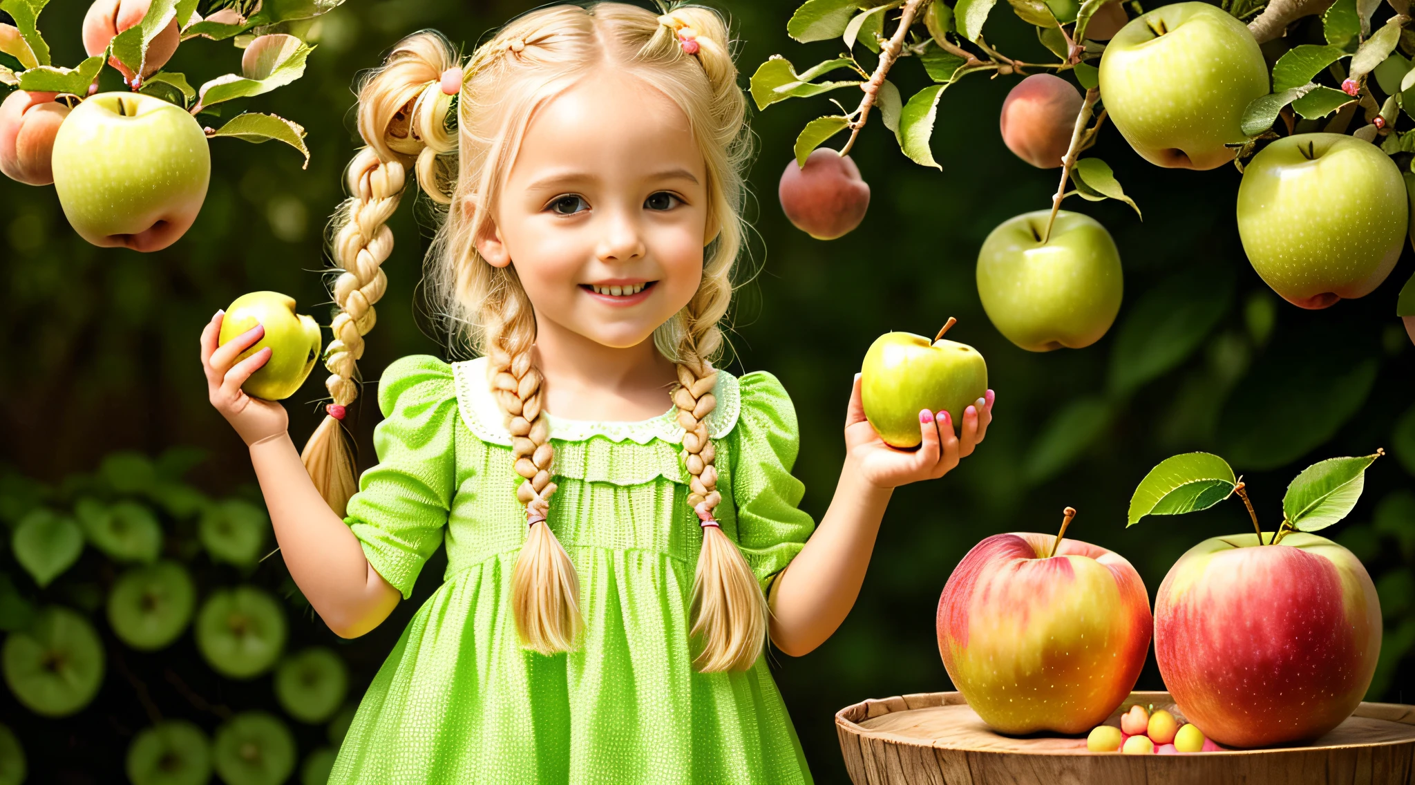 GIRL CHILD BLONDE HAIR OF BRAIDS, holding two green apples in front of her face, holding an apple, eating rotten fruit, a holding apple in hand, green apples, holding maracas, with apple, slime, apples, she is guiding a peach, sentient fruit, green slime, holding Easter eggs, promo still, 3 4 5 3 1, photoshoot