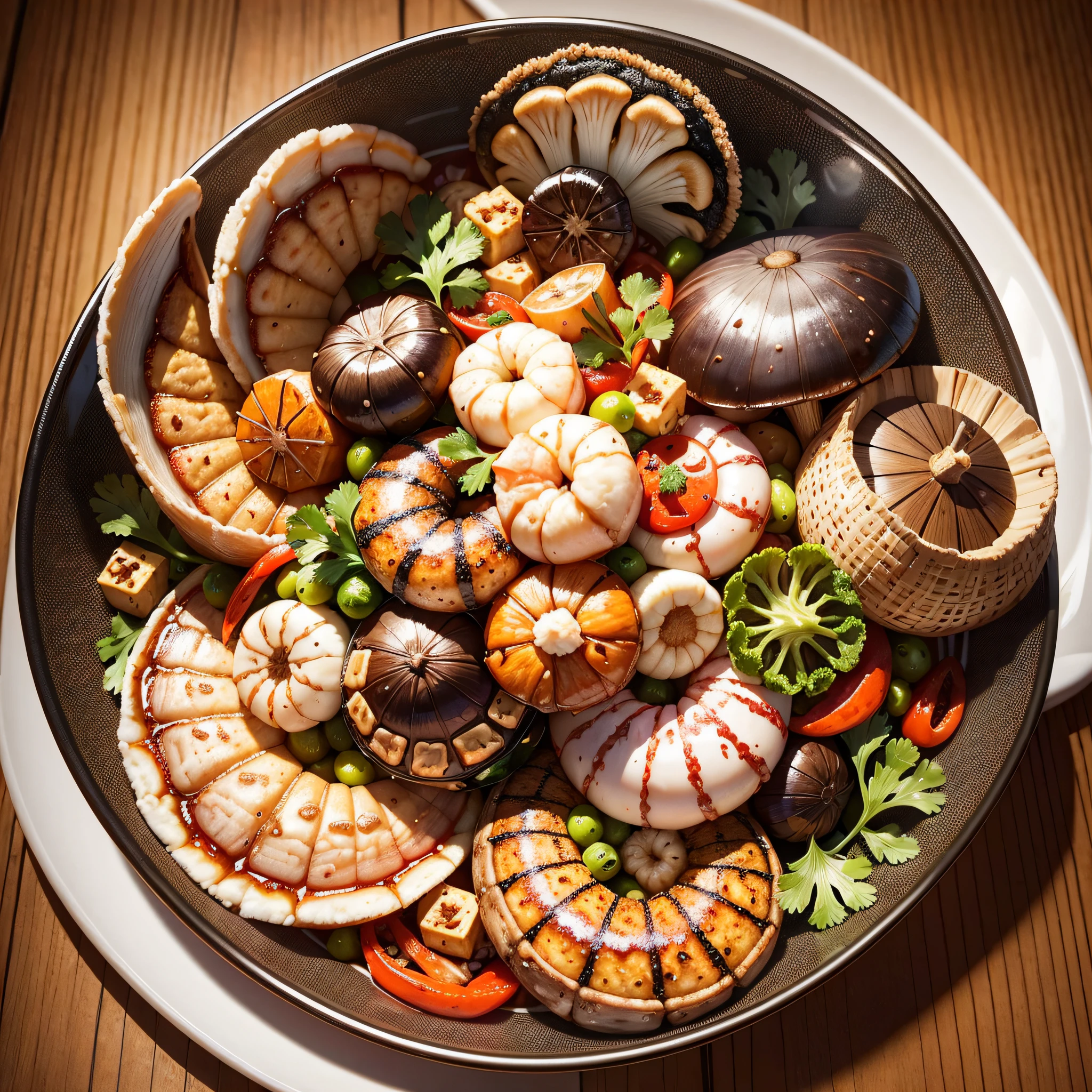 Close-up spicy mix, seafood mushrooms, small octopus, red oil, shrimp, green peppercorns, sixty-sixth century pepper, green vegetables, bok choy, tofu puffs, super realistic food pictures, the complete subject shown in the photo, a spoon is pouring into a bowl Red Oil, Randy Post, hyper realistic ", hyper realistic", high res photo --auto --s2