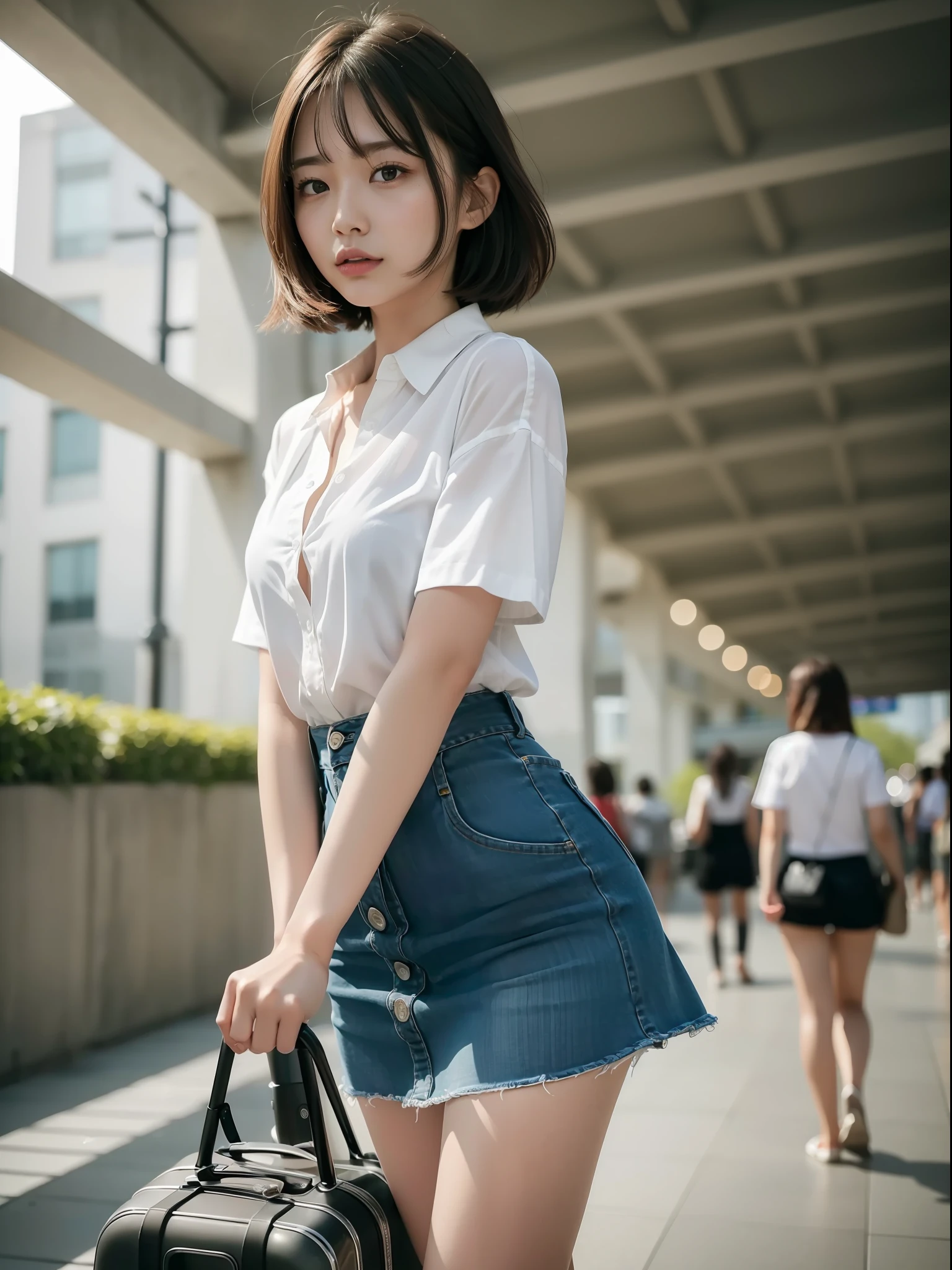 ((Best quality, 8k, Masterpiece: 1.3)), Sharp focus: 1.2, 1 aespa girl, beautiful face girl, cute face, age 24, small breasts, flat chest, short messy hair, walking, hold luggage, white summer casual shirt, skirt, wind, terminal, station, sunlight, dramatic angle, kindness, cinematic lighting, (8k, masterpiece, best quality, raw photo)