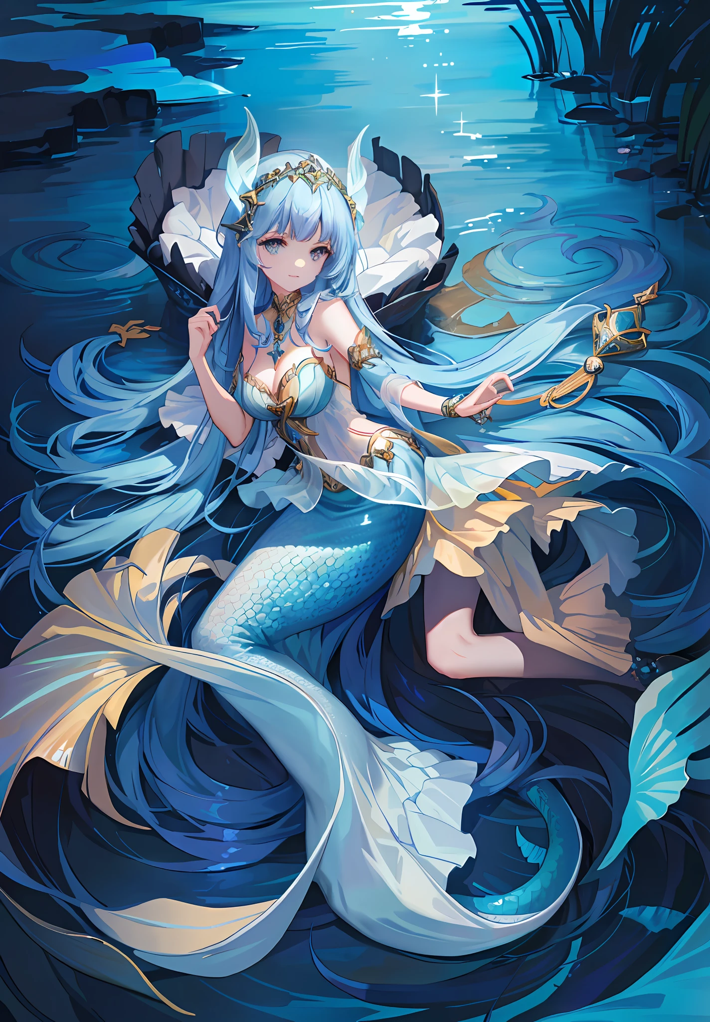 Beautiful mermaids, goddesses of the sea, free play in the deep sea. Fantasy creatures, legendary creatures, game illustrations